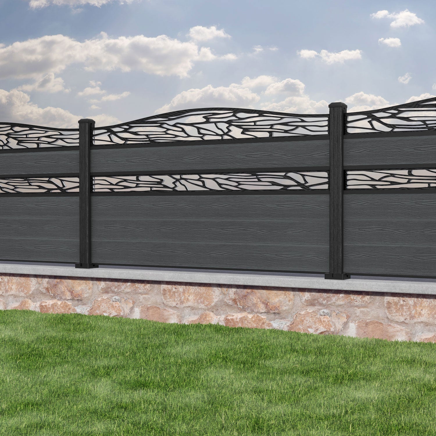 Classic Shatter Curved Top Split Screen Fence Panel - Dark Grey - with our composite posts