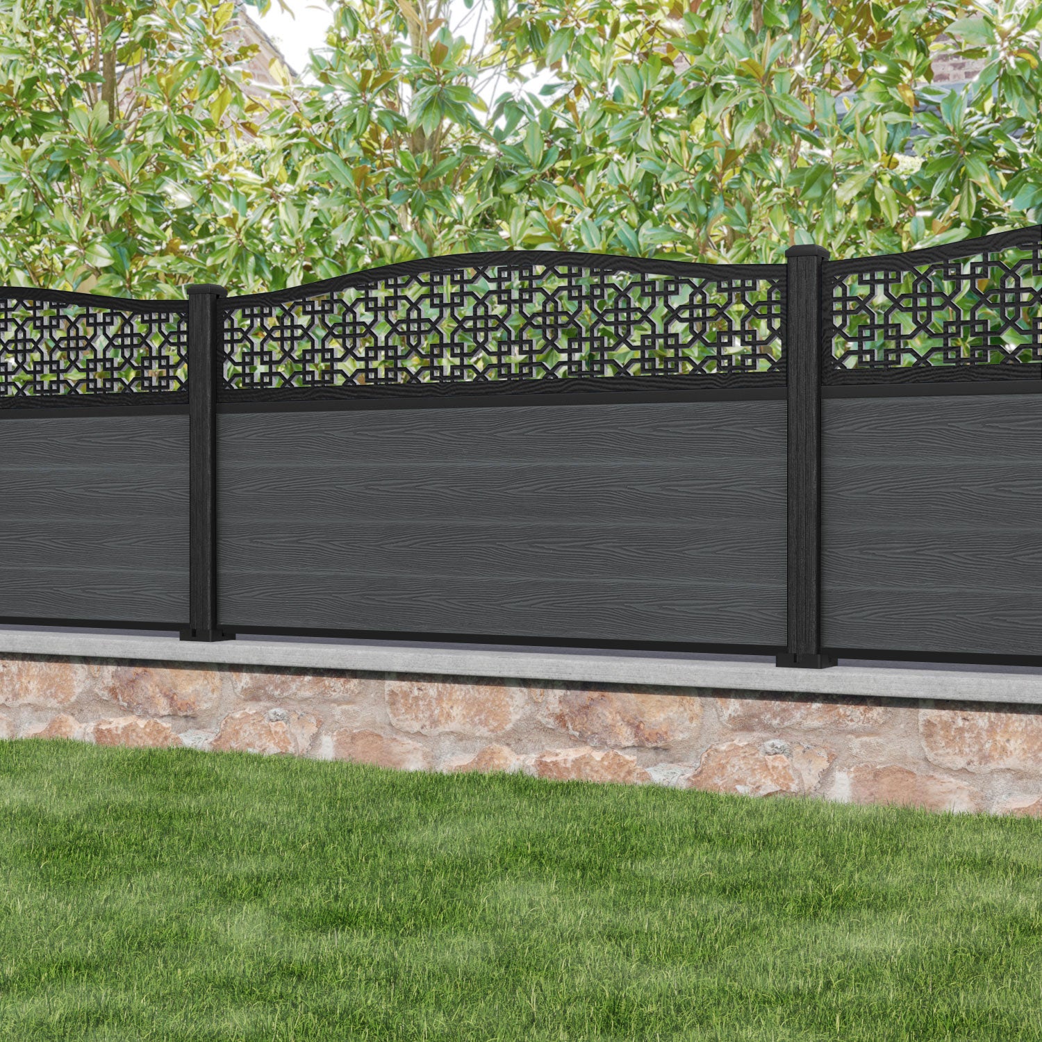 Classic Zaria Curved Top Fence Panel - Dark Grey - with our composite posts