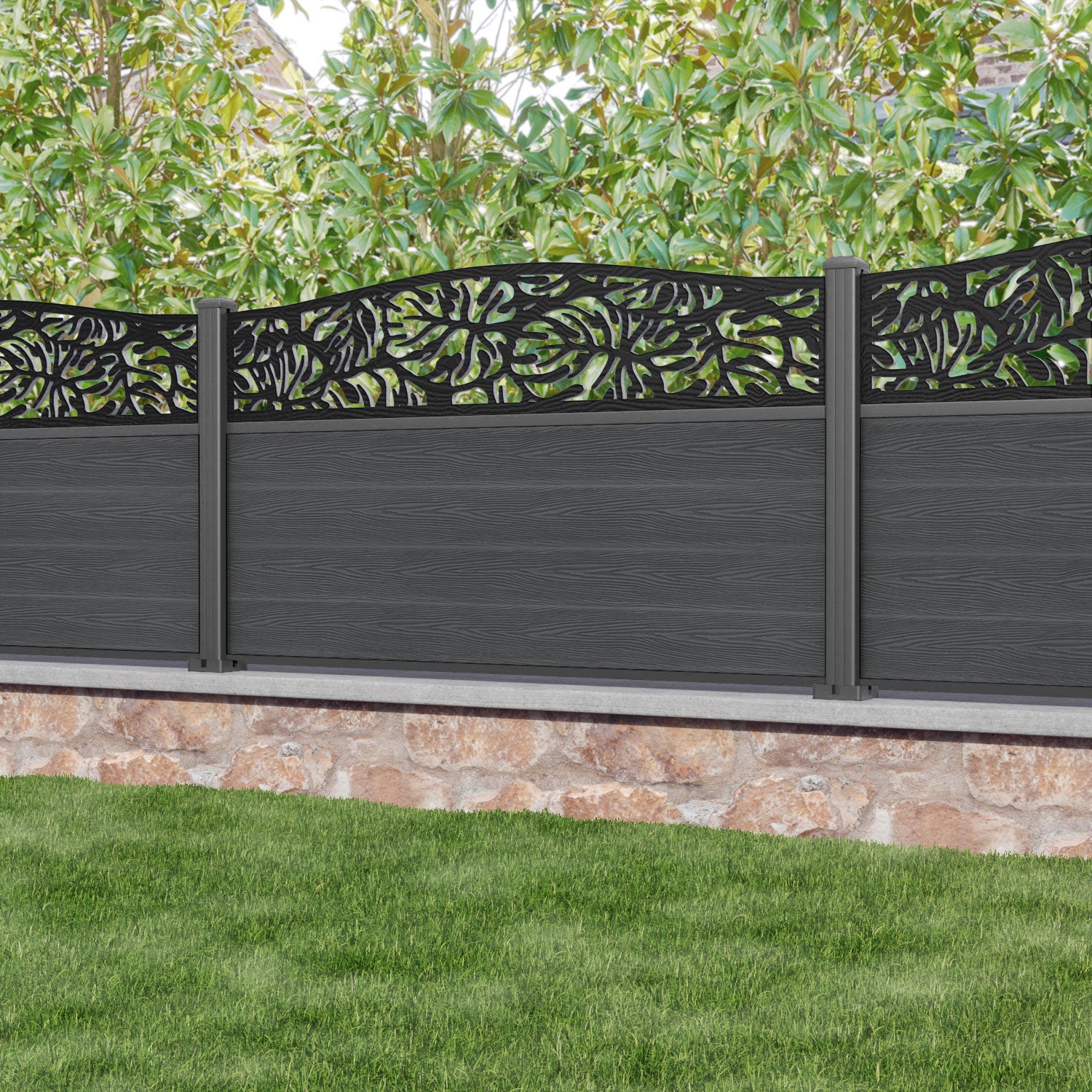 Classic Botanic Curved Top Fence Panel - Dark Grey - with our aluminium posts