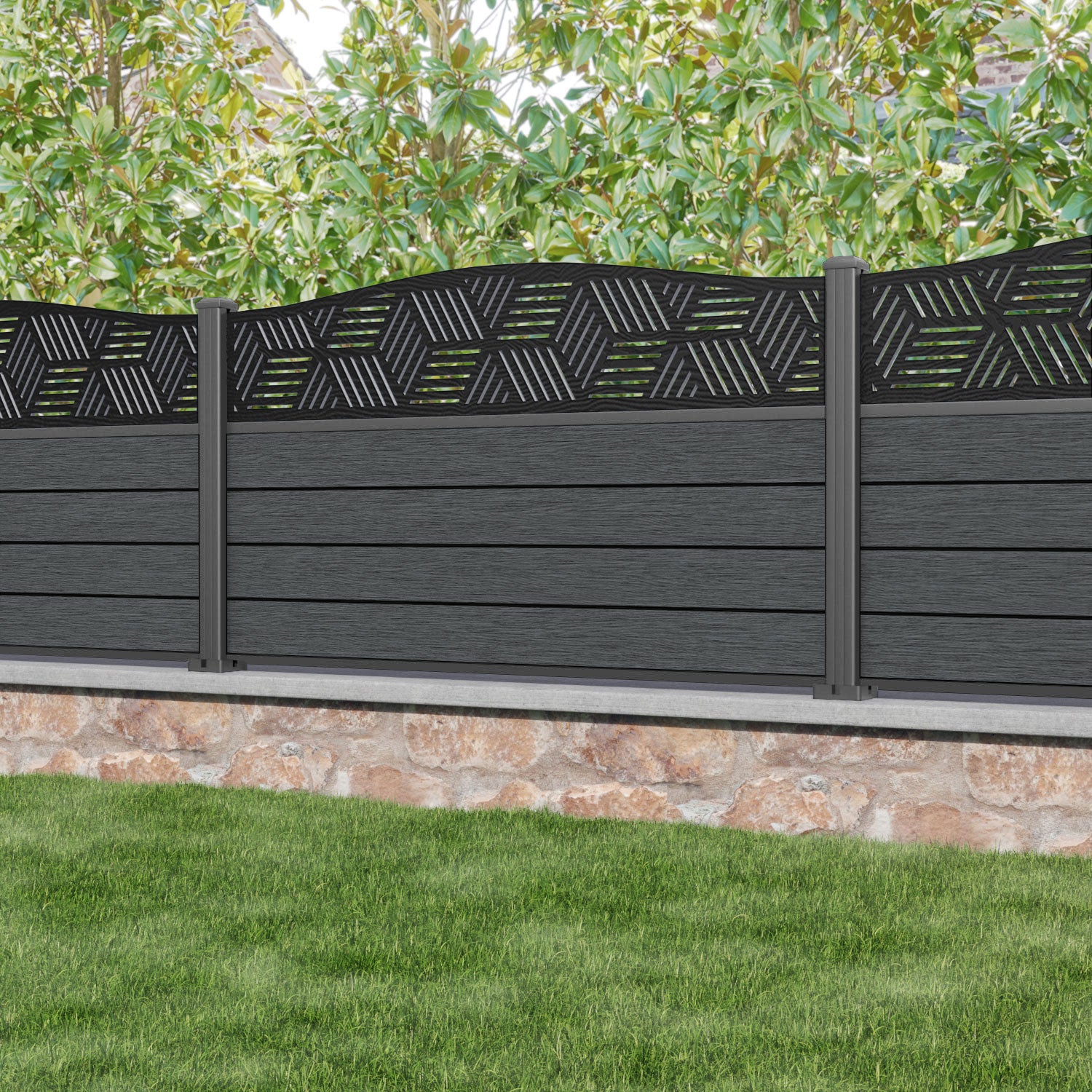 Fusion Cubed Curved Top Fence Panel - Dark Grey - with our aluminium posts