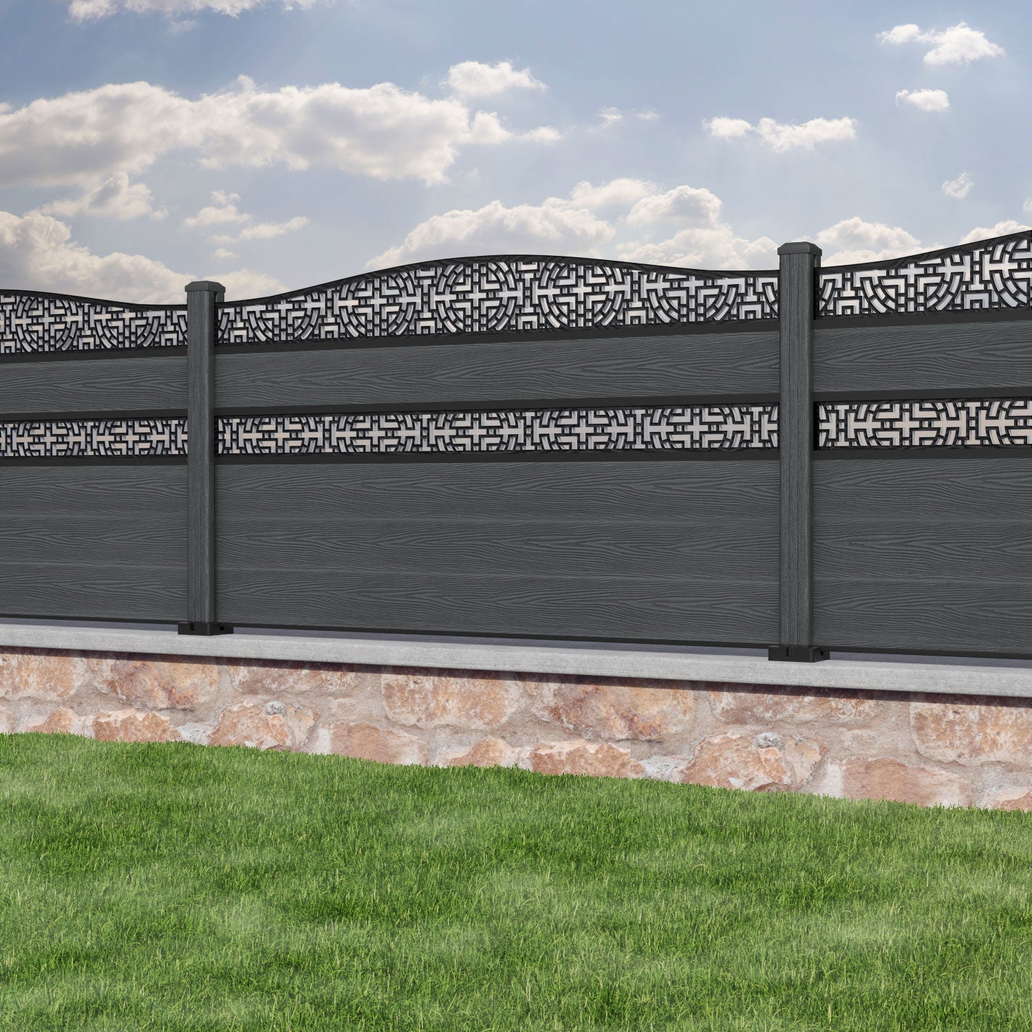 Classic Kumo Curved Top Split Screen Fence Panel - Dark Grey - with our composite posts