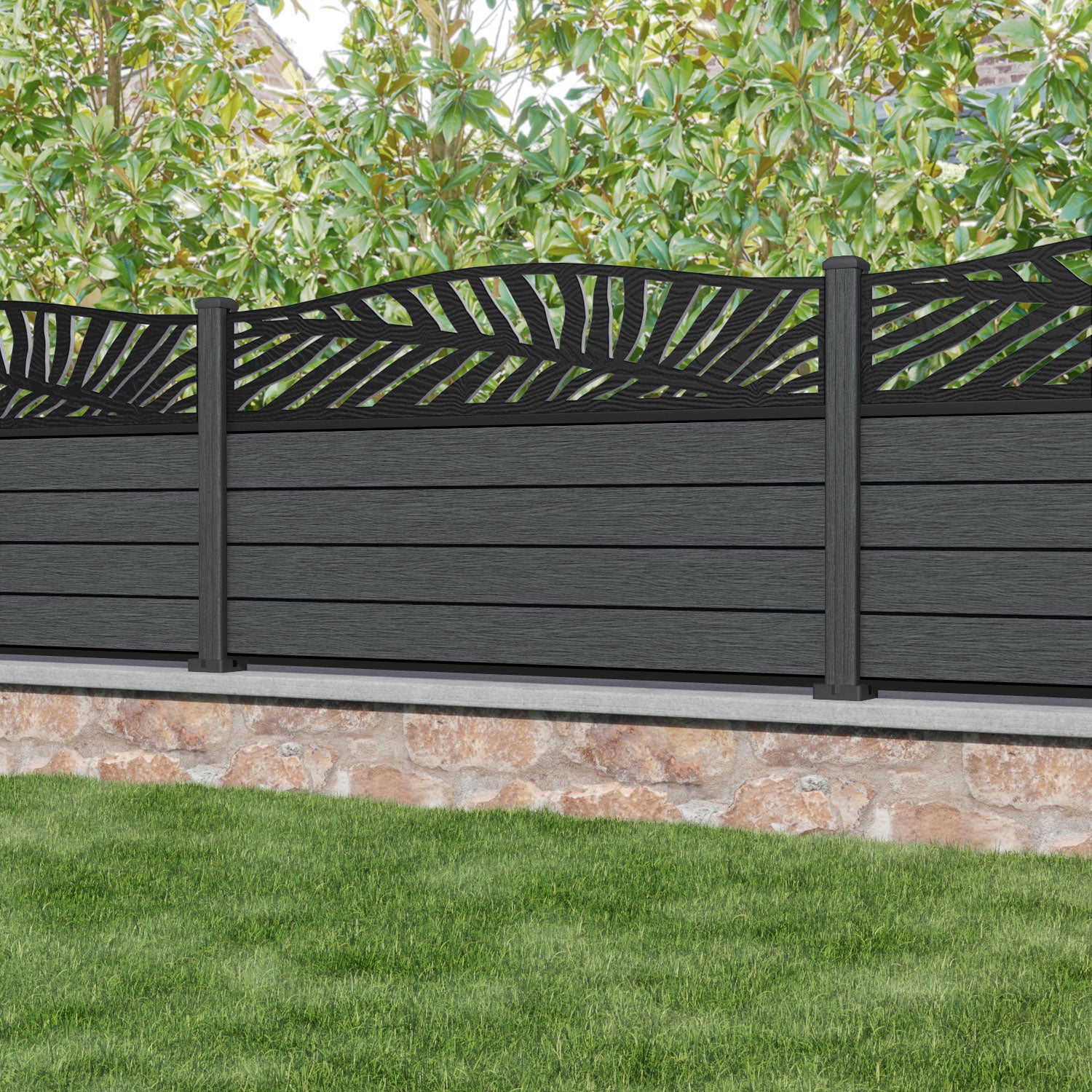 Fusion Palm Curved Top Fence Panel - Dark Grey - with our composite posts