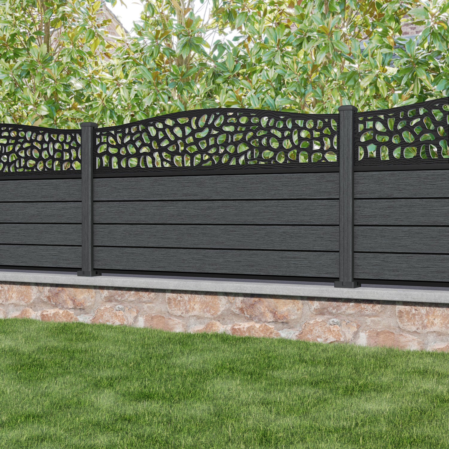 Fusion Pebble Curved Top Fence Panel - Dark Grey - with our composite posts