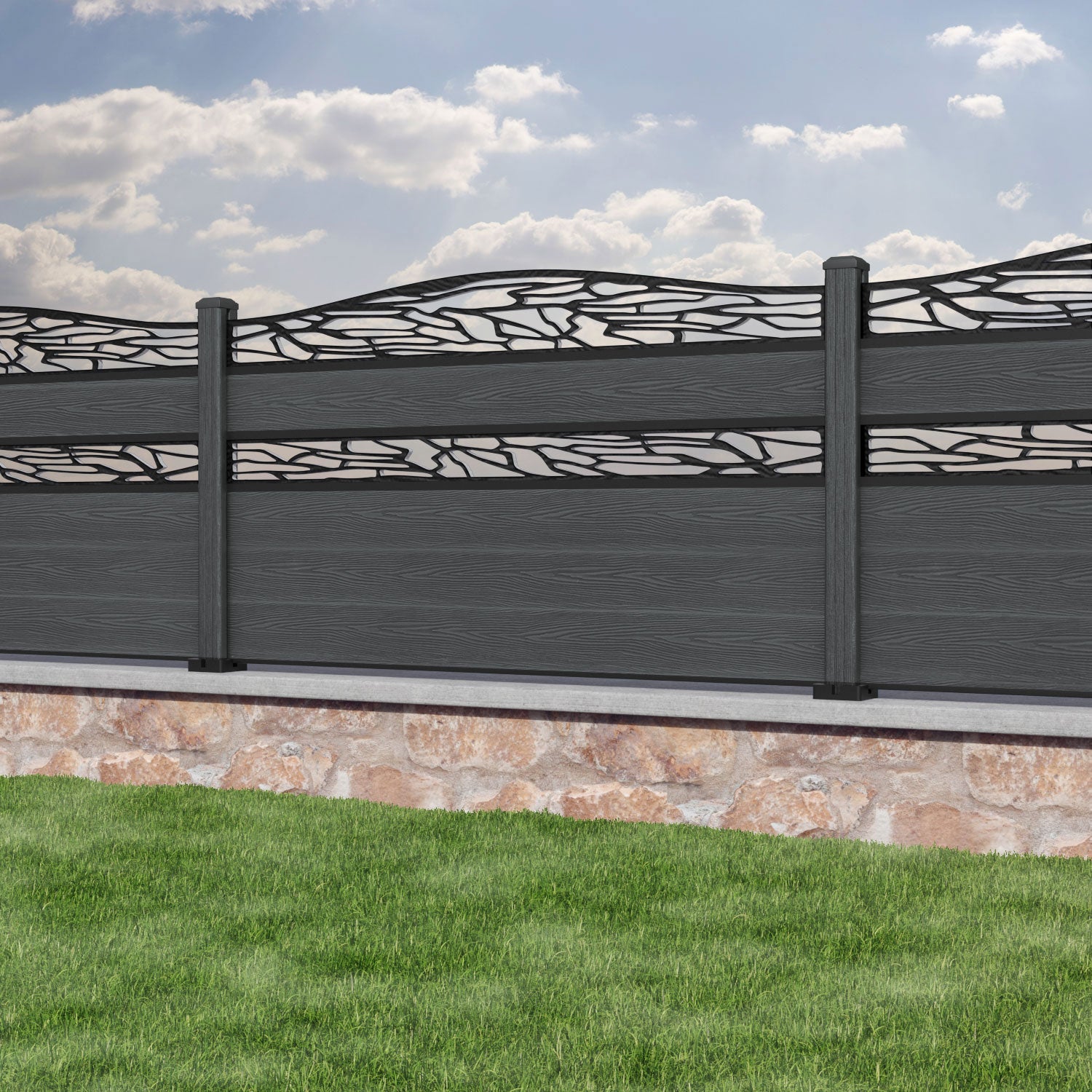 Classic Shatter Curved Top Split Screen Fence Panel - Dark Grey - with our composite posts