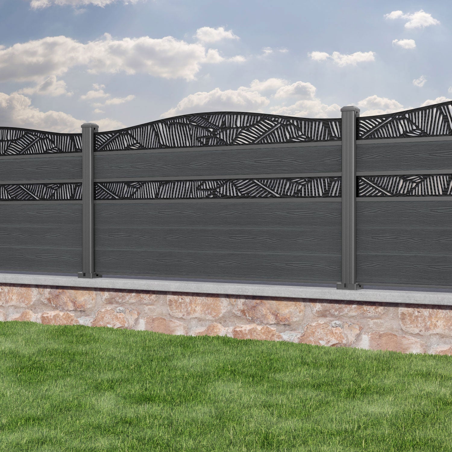 Classic Feather Curved Top Split Screen Fence Panel - Dark Grey - with our aluminium posts