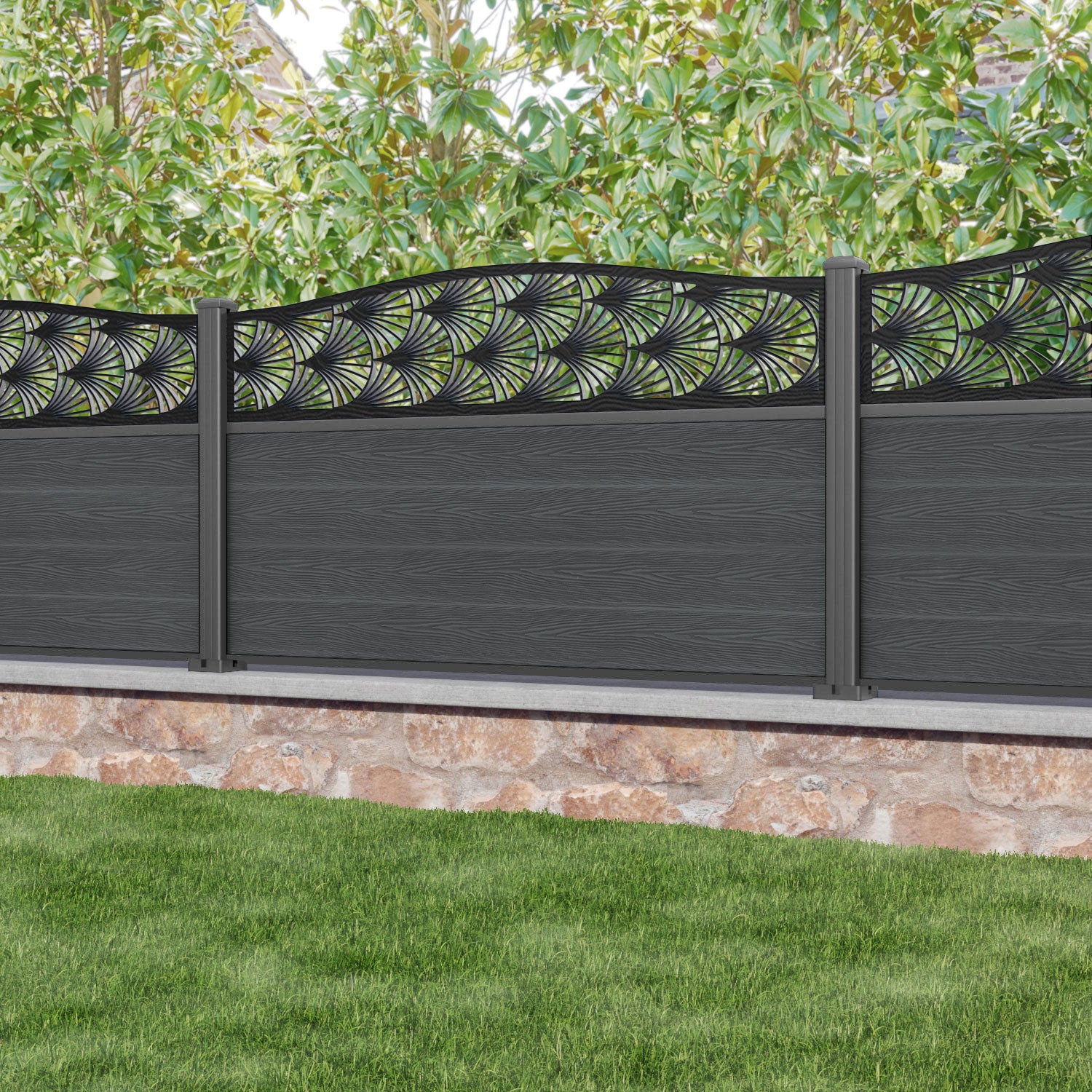 Classic Laurel Curved Top Fence Panel - Dark Grey - with our aluminium posts