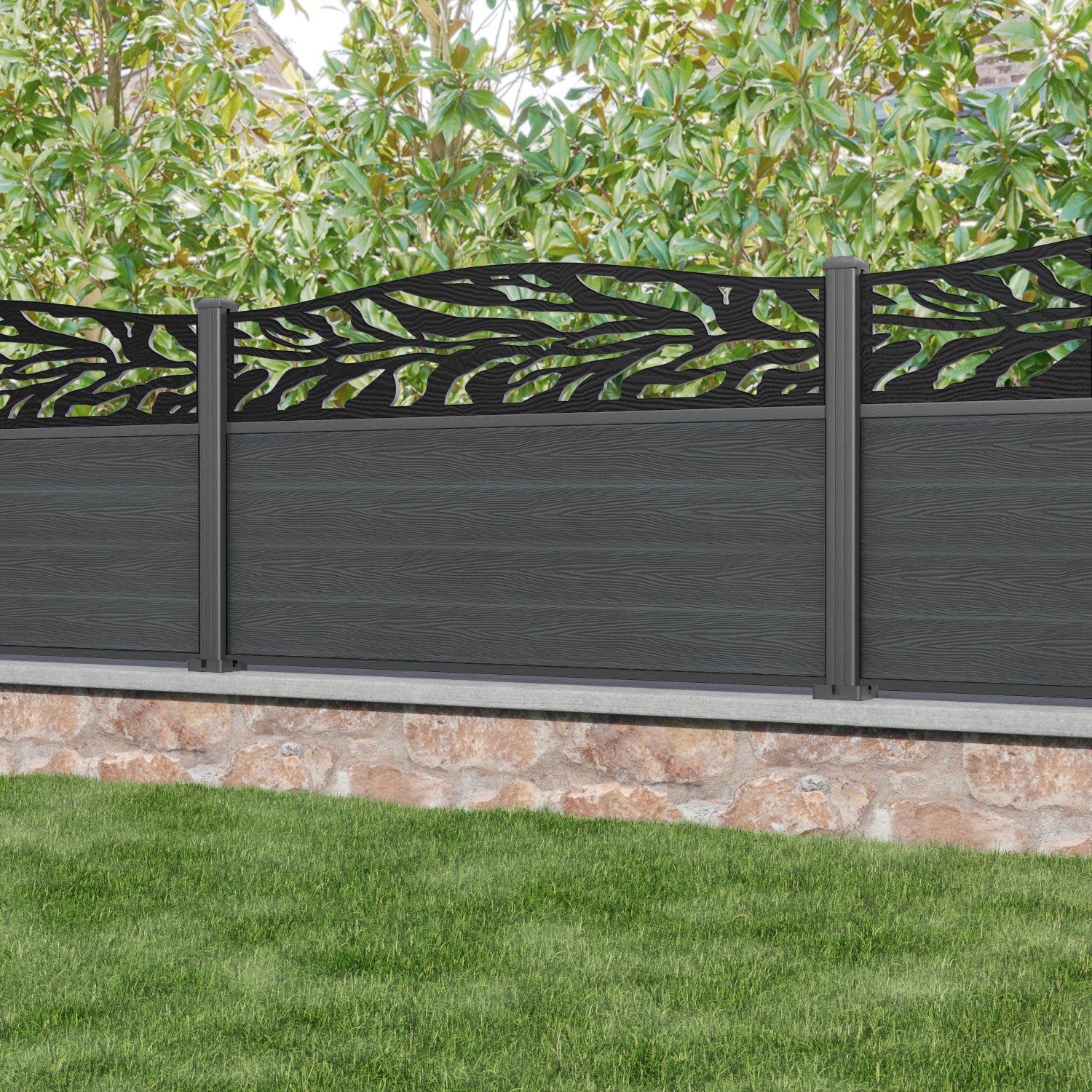 Classic Malawi Curved Top Fence Panel - Dark Grey - with our aluminium posts