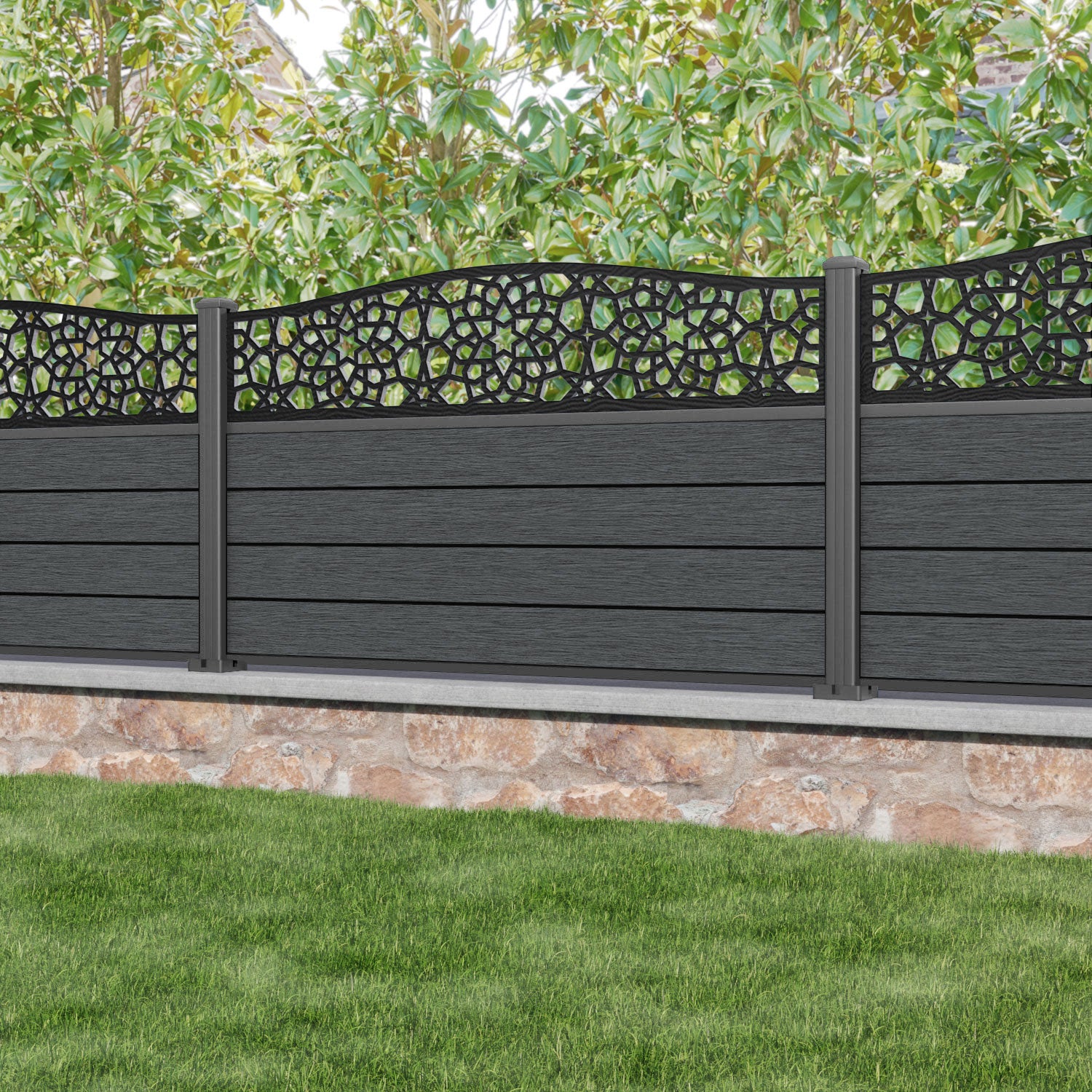 Fusion Nazira Curved Top Fence Panel - Dark Grey - with our aluminium posts