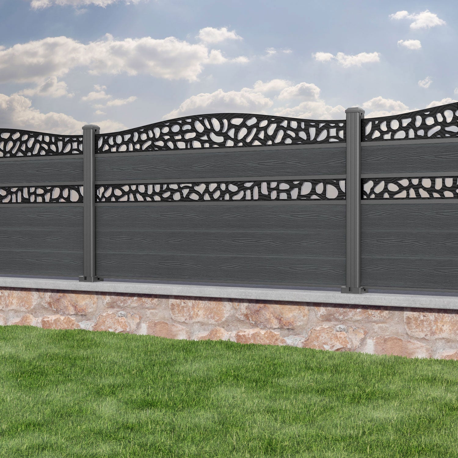 Classic Pebble Curved Top Split Screen Fence Panel - Dark Grey - with our aluminium posts