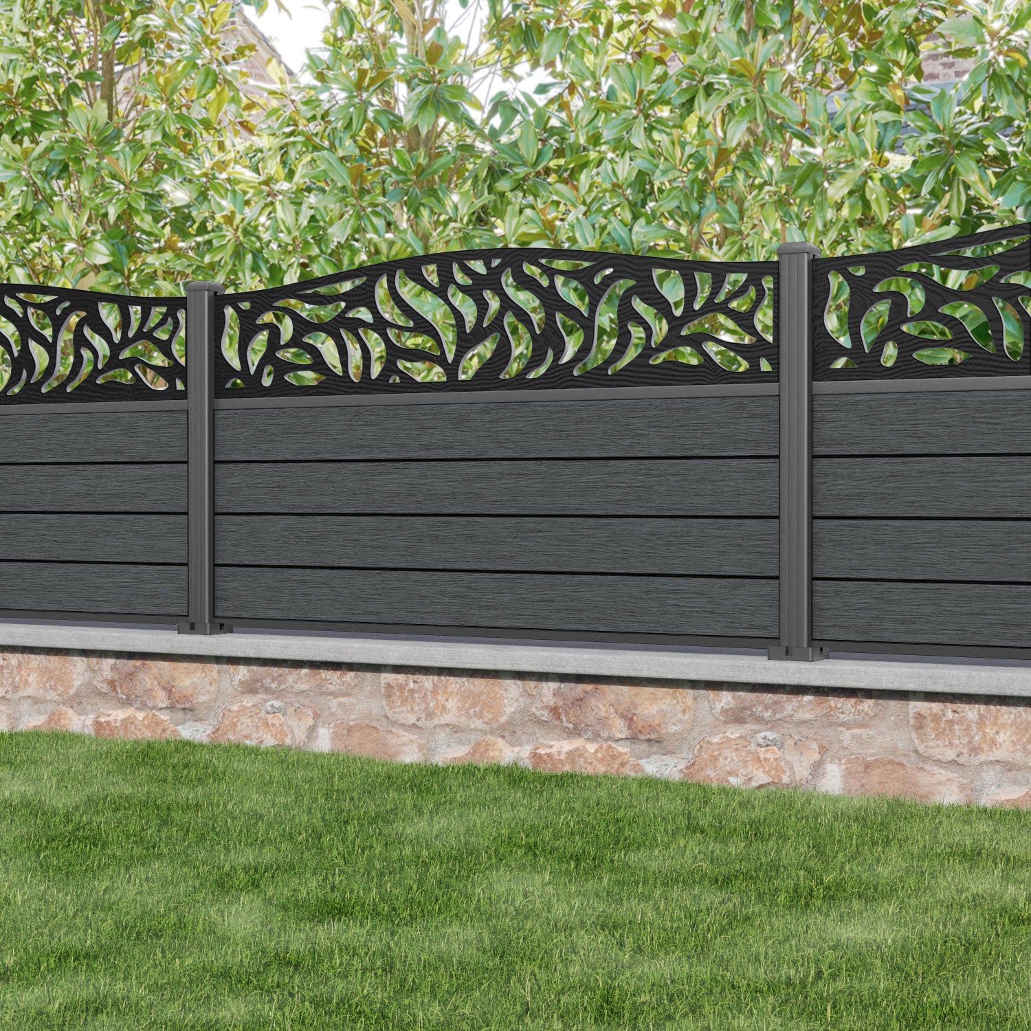Fusion Plume Curved Top Fence Panel - Dark Grey - with our aluminium posts