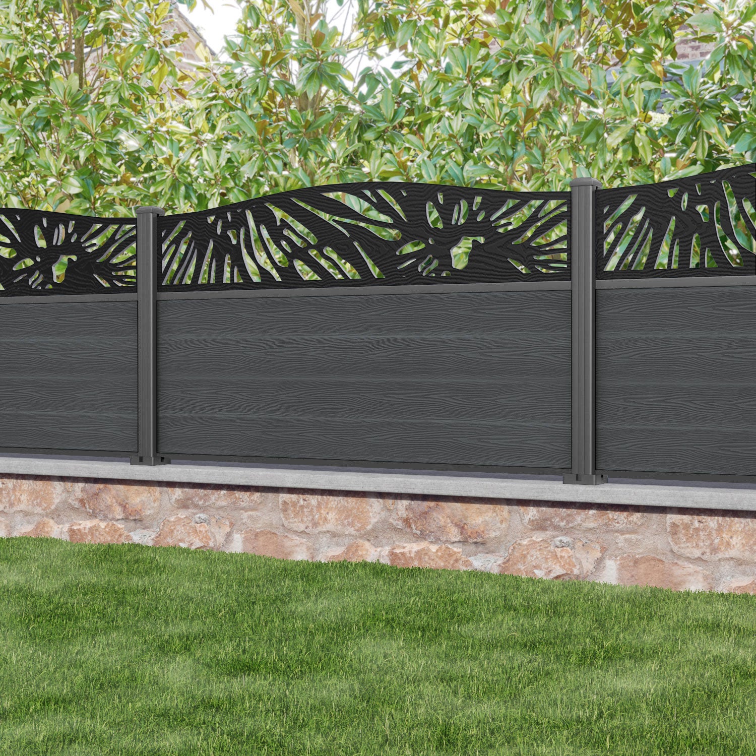 Classic Poppy Curved Top Fence Panel - Dark Grey - with our aluminium posts