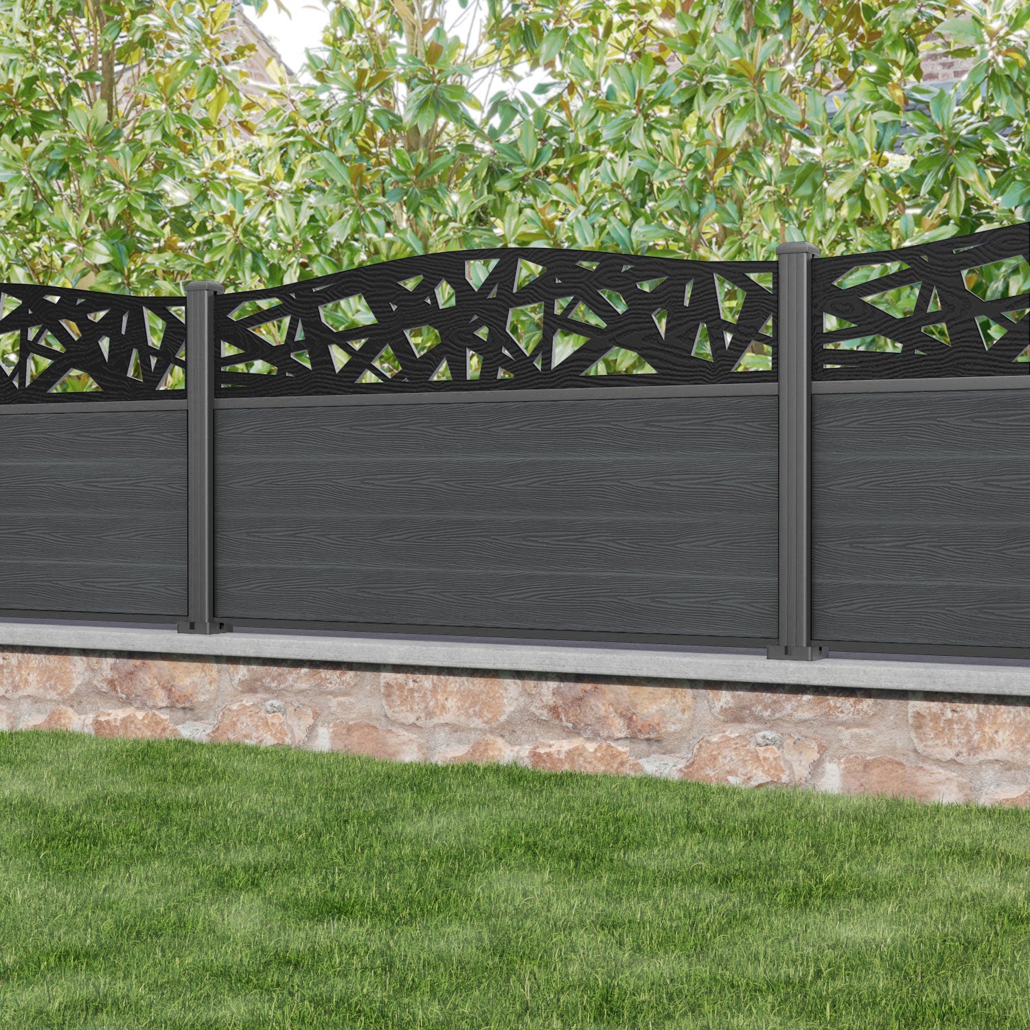 Classic Prism Curved Top Fence Panel - Dark Grey - with our aluminium posts