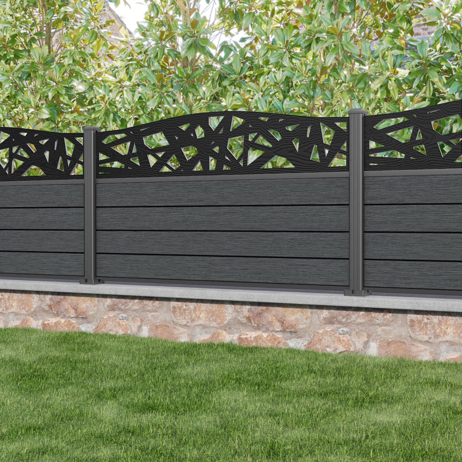 Fusion Prism Curved Top Fence Panel - Dark Grey - with our aluminium posts
