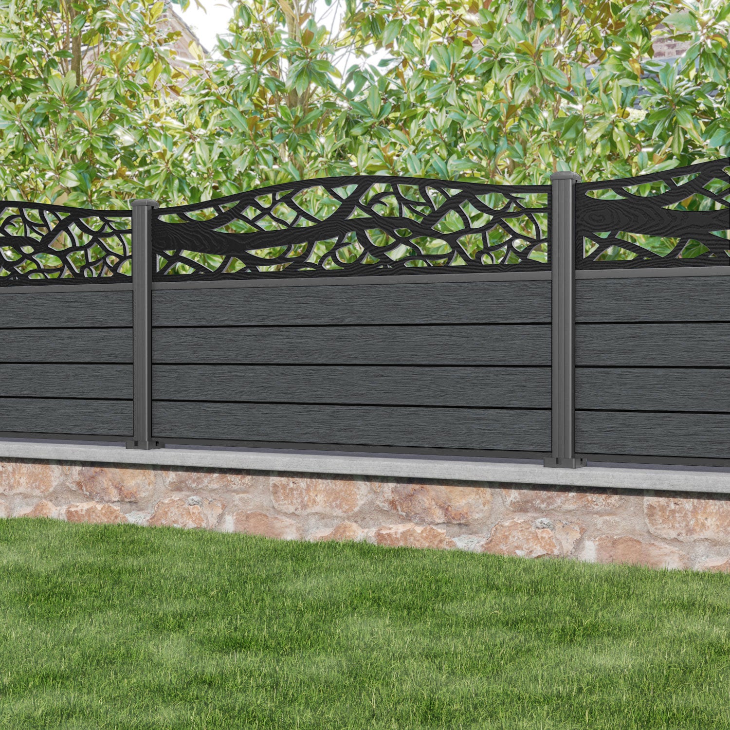 Fusion Twilight Curved Top Fence Panel - Dark Grey - with our aluminium posts