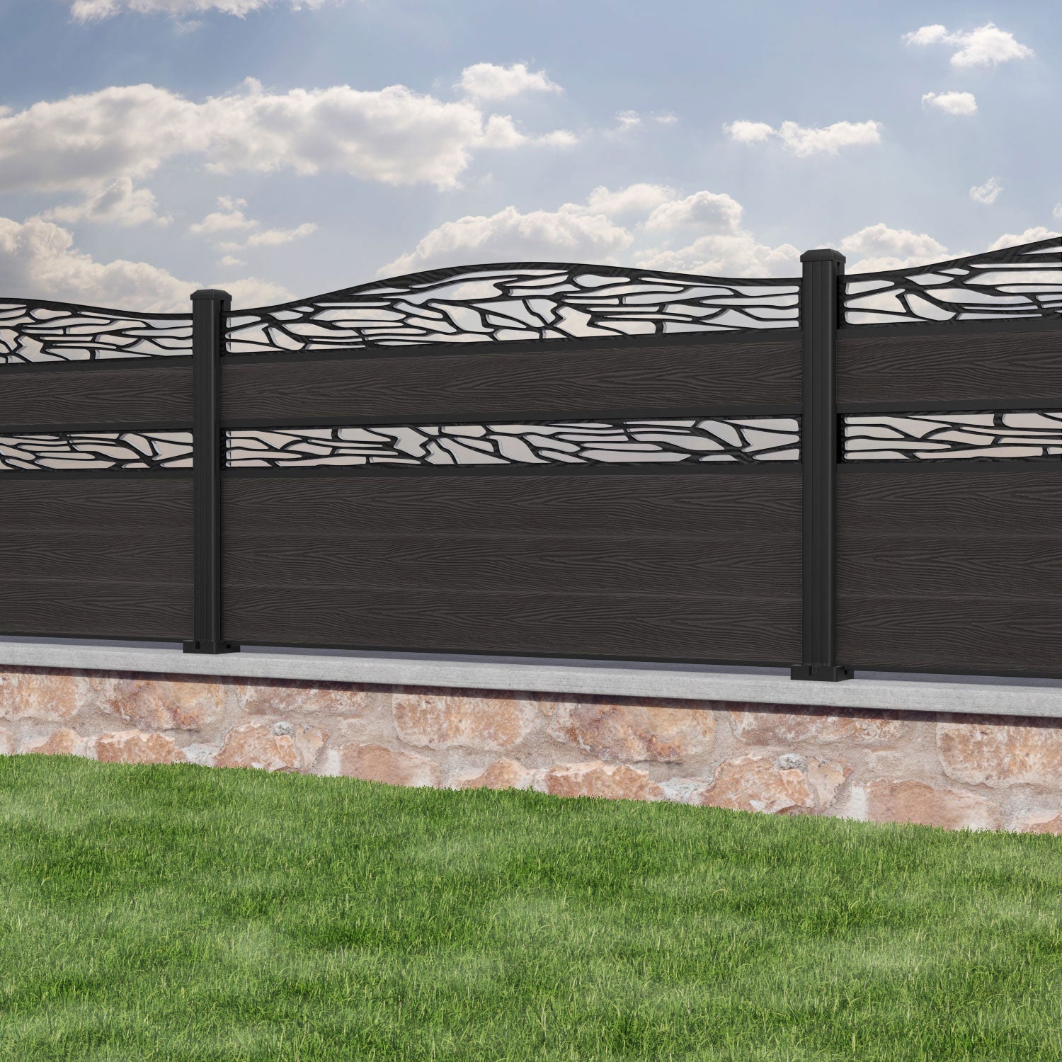 Classic Shatter Curved Top Split Screen Fence Panel - Dark Oak - with our aluminium posts