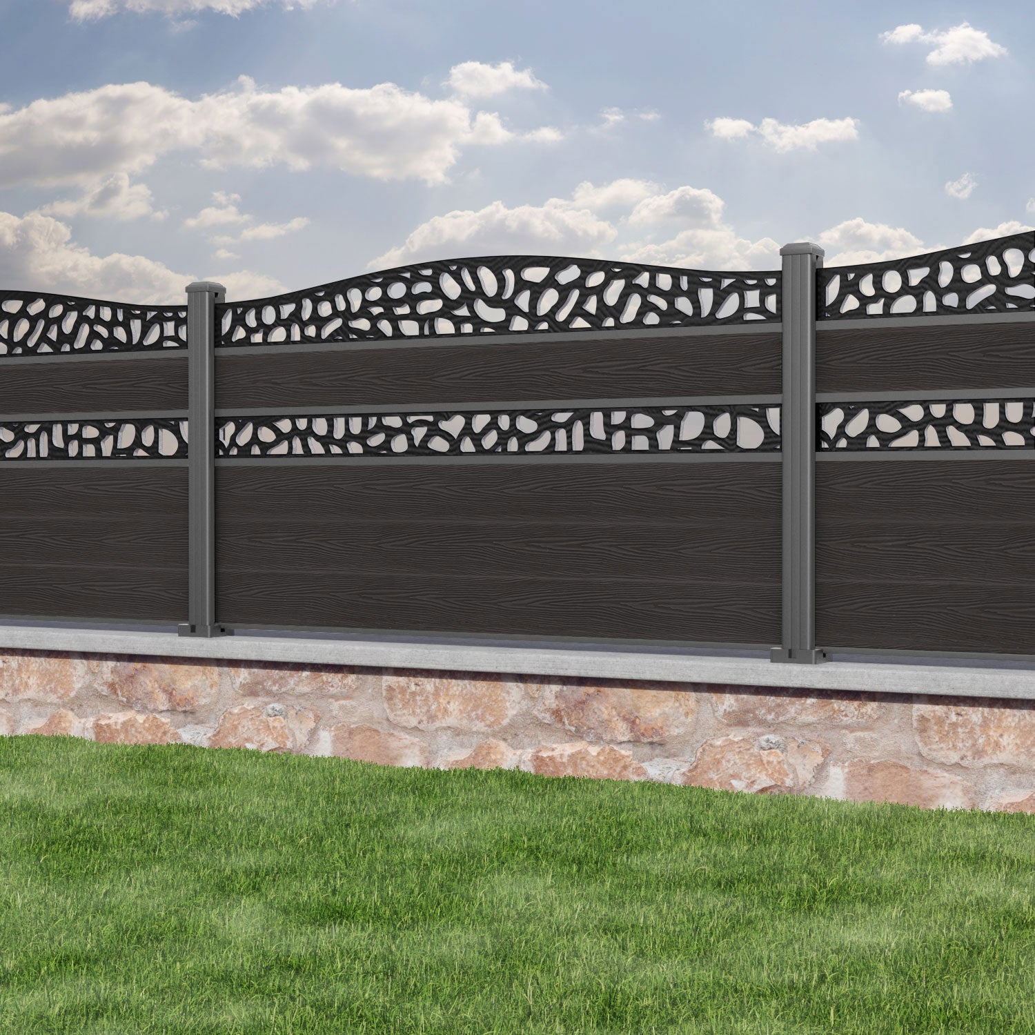 Classic Pebble Curved Top Split Screen Fence Panel - Dark Oak - with our aluminium posts