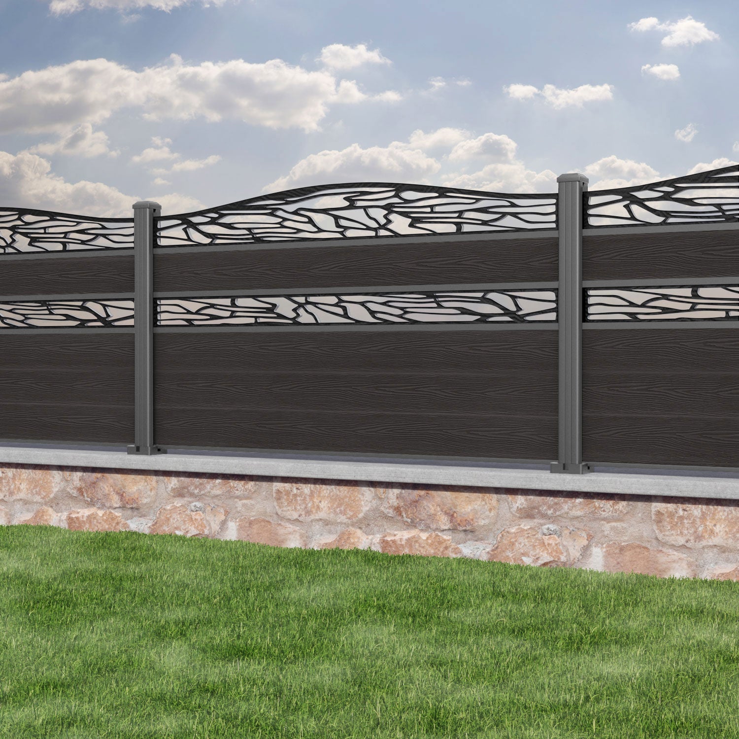 Classic Shatter Curved Top Split Screen Fence Panel - Dark Oak - with our aluminium posts