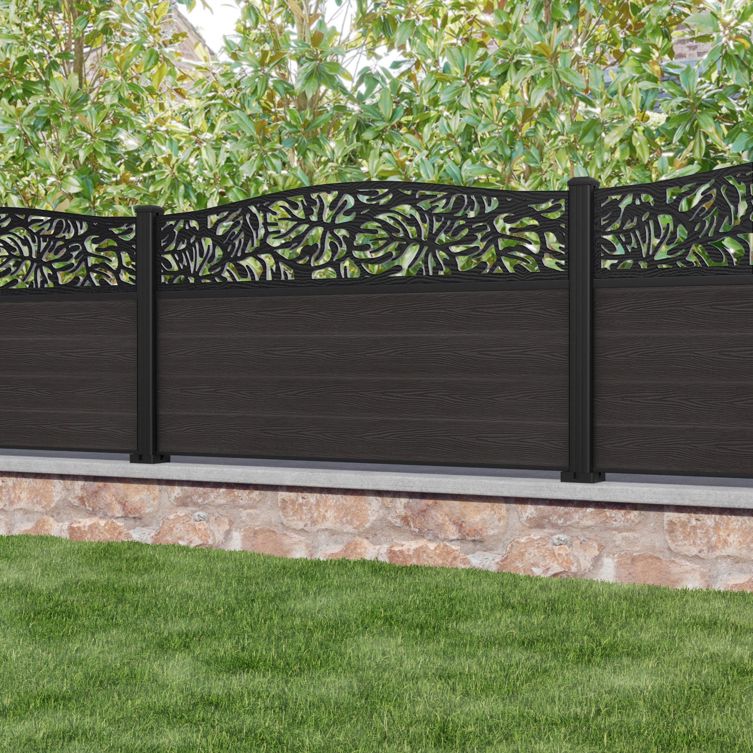Classic Botanic Curved Top Fence Panel - Dark Oak - with our aluminium posts
