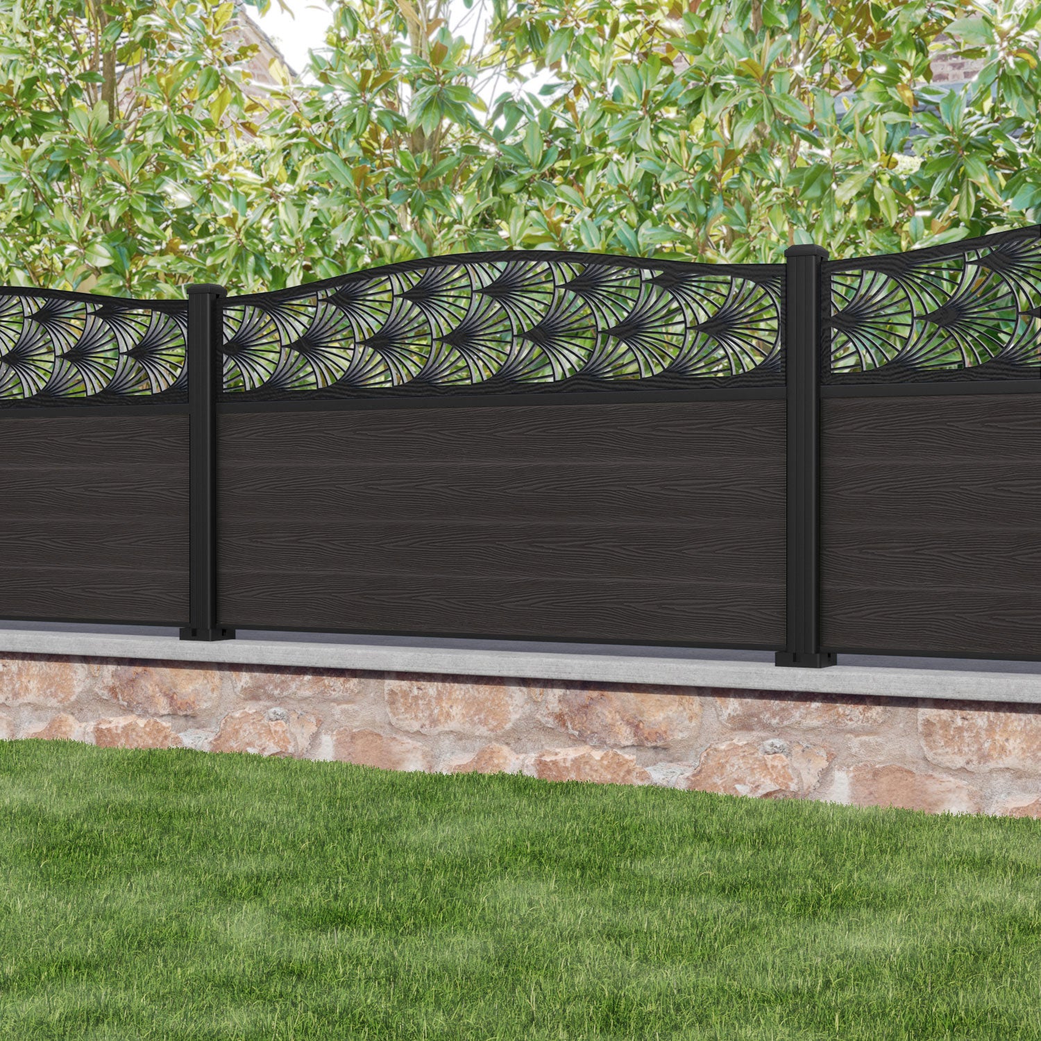 Classic Laurel Curved Top Fence Panel - Dark Oak - with our aluminium posts