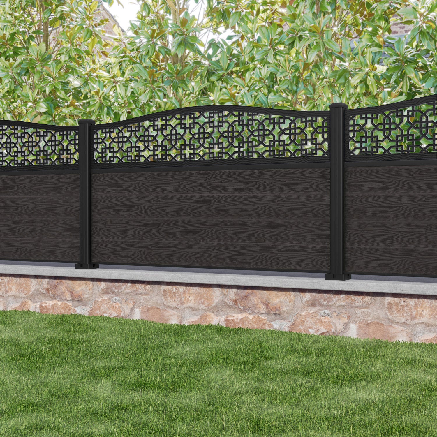 Classic Zaria Curved Top Fence Panel - Dark Oak - with our aluminium posts