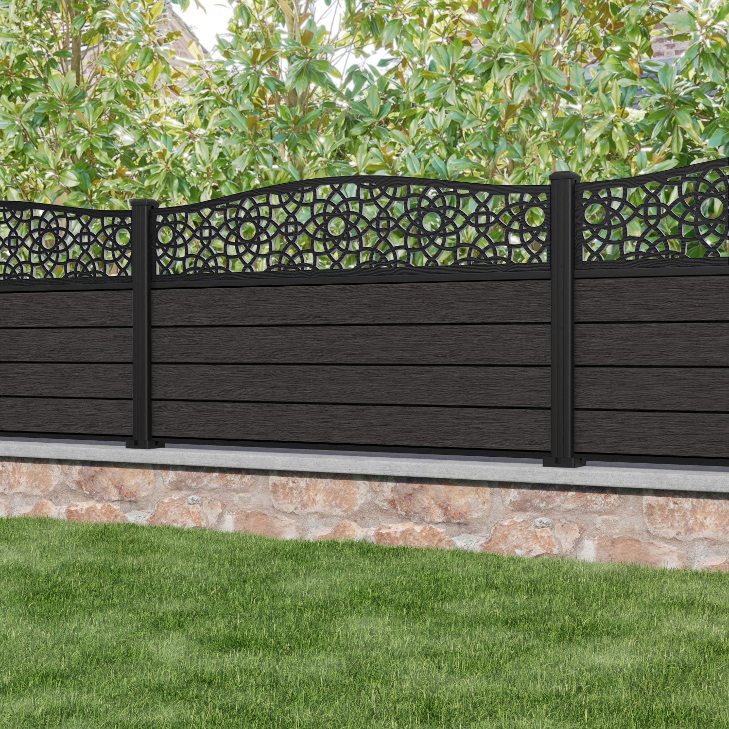 Fusion Ambar Curved Top Fence Panel - Dark Oak - with our aluminium posts