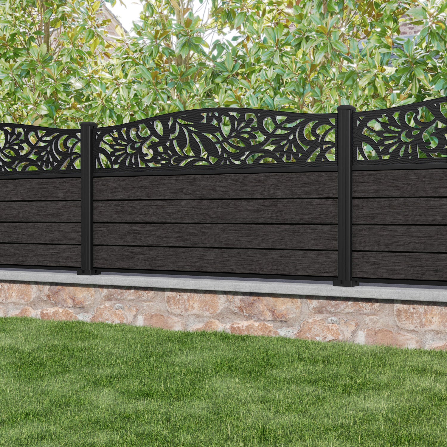 Fusion Heritage Curved Top Fence Panel - Dark Oak - with our aluminium posts