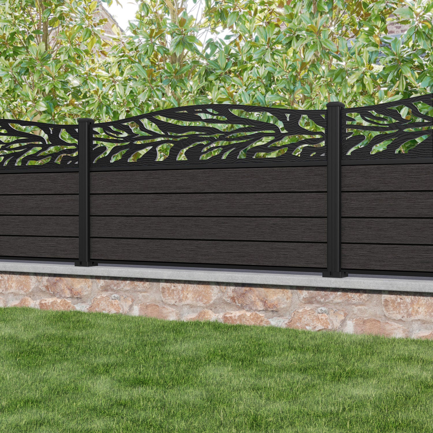 Fusion Malawi Curved Top Fence Panel - Dark Oak - with our aluminium posts