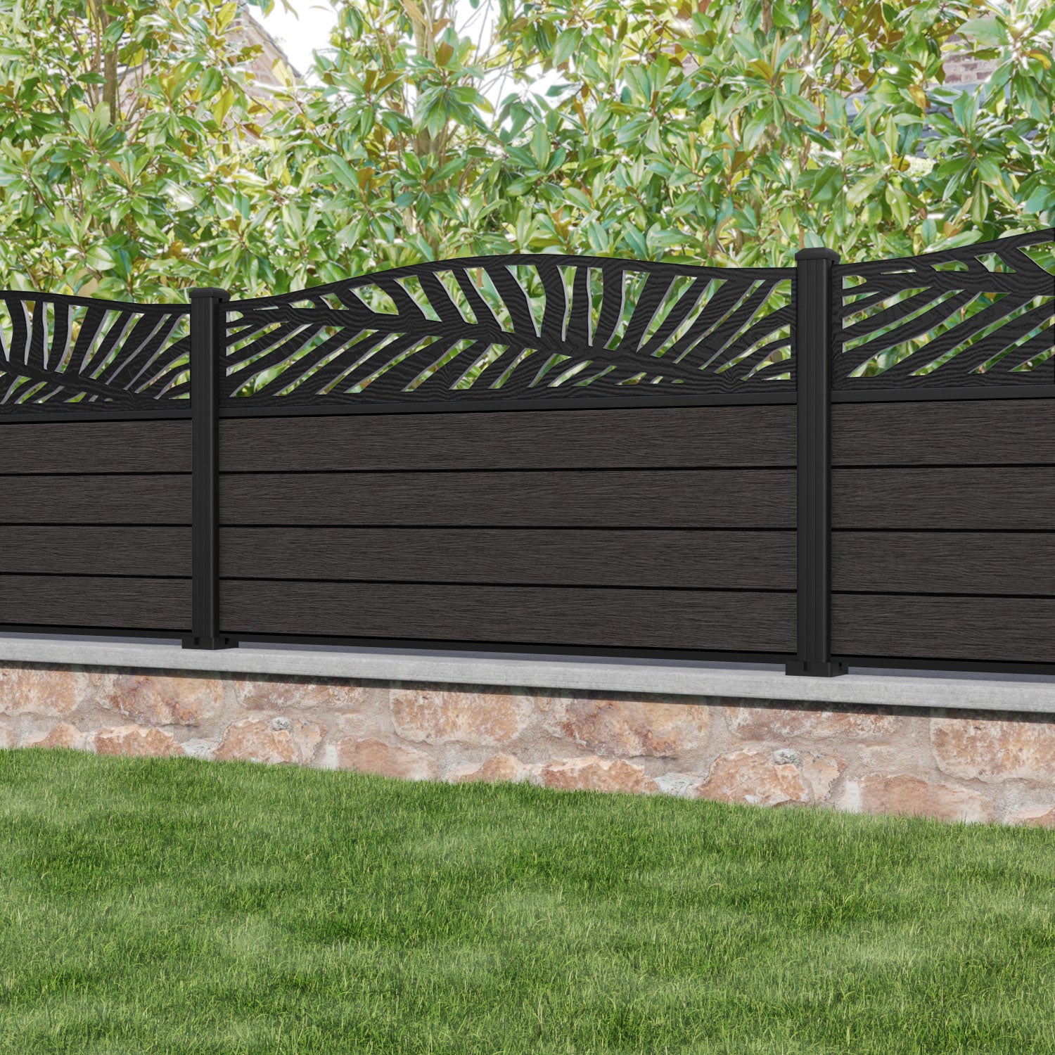 Fusion Palm Curved Top Fence Panel - Dark Oak - with our aluminium posts