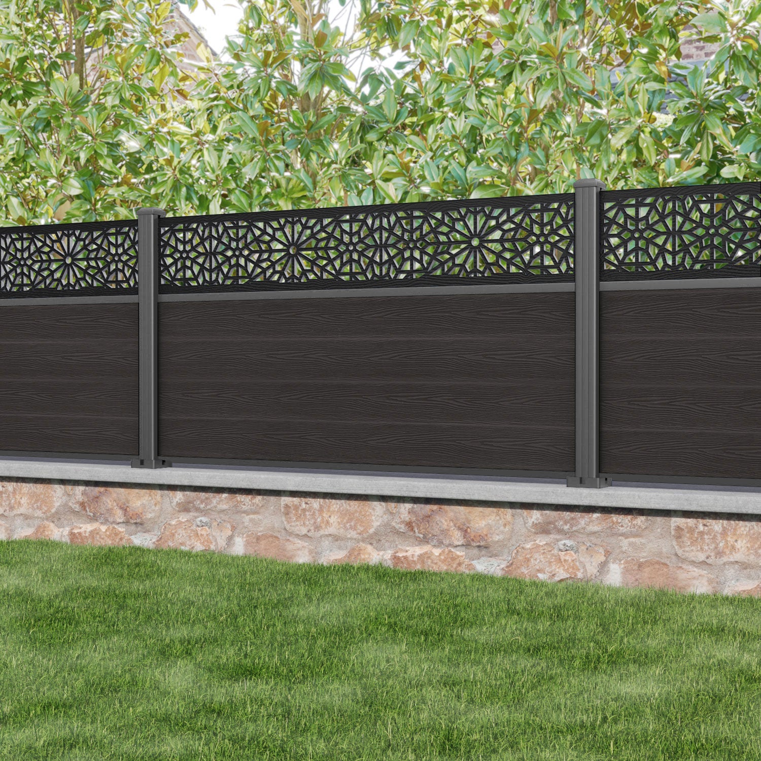 Classic Alnara Fence Panel - Dark Oak - with our aluminium posts
