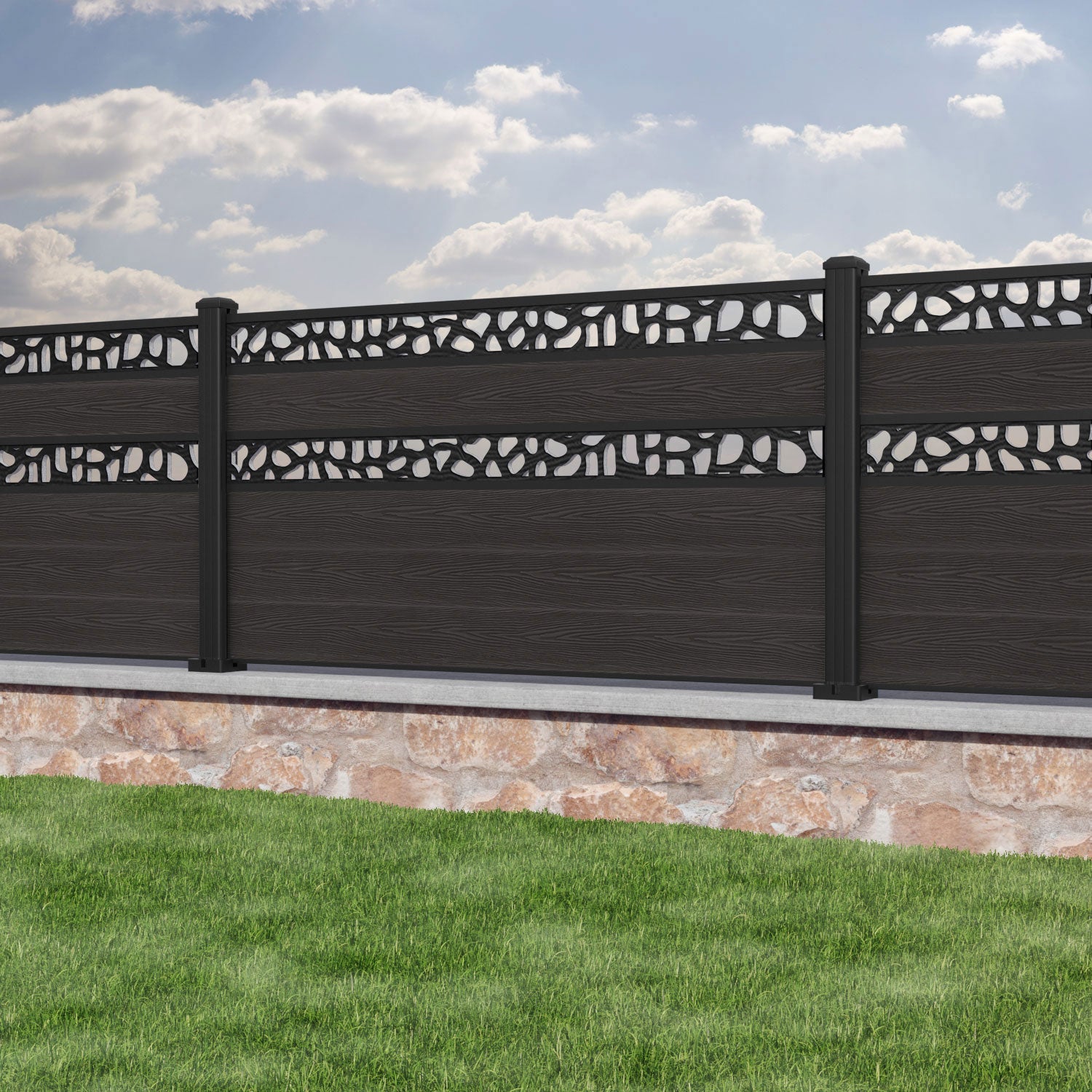 Classic Pebble Split Screen Fence Panel - Dark Oak - with our aluminium posts