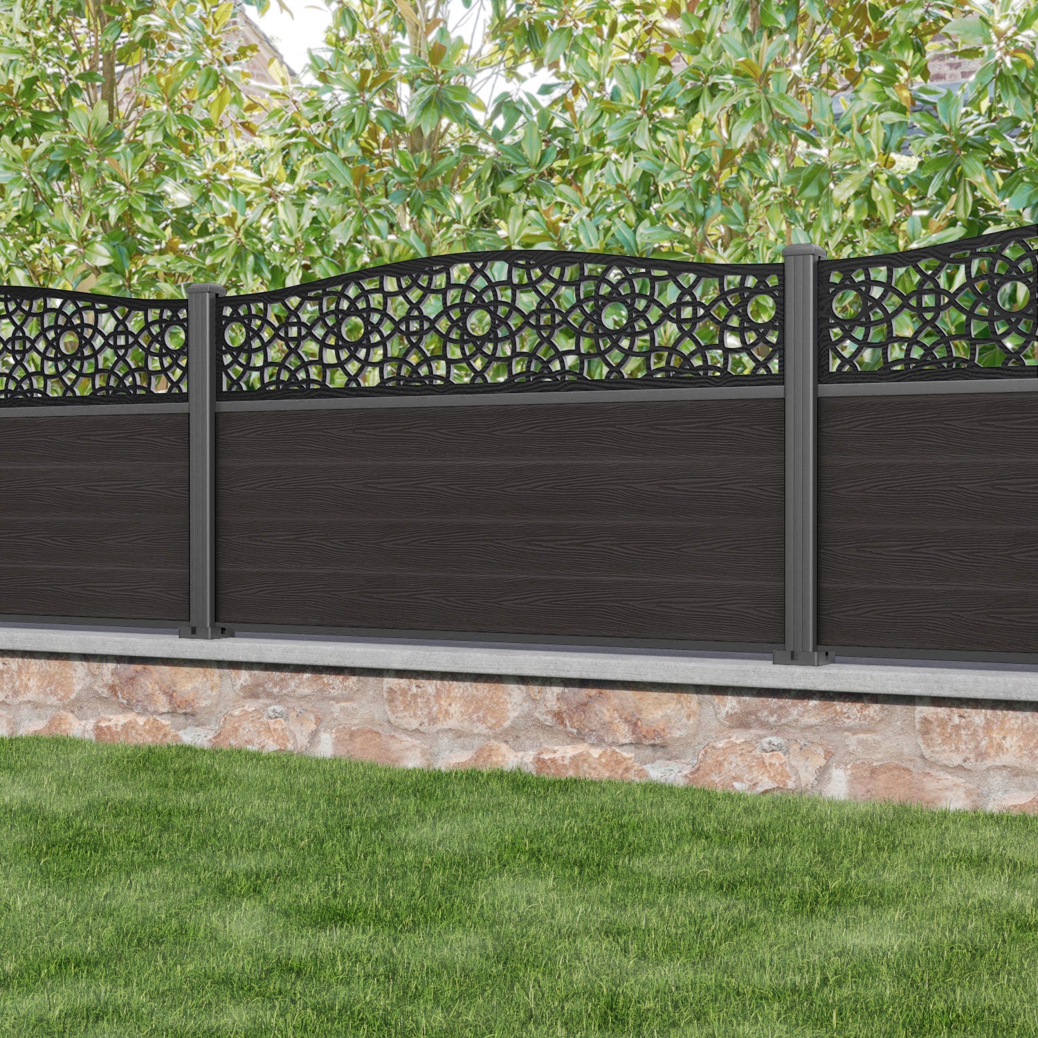 Classic Ambar Curved Top Fence Panel - Dark Oak - with our aluminium posts
