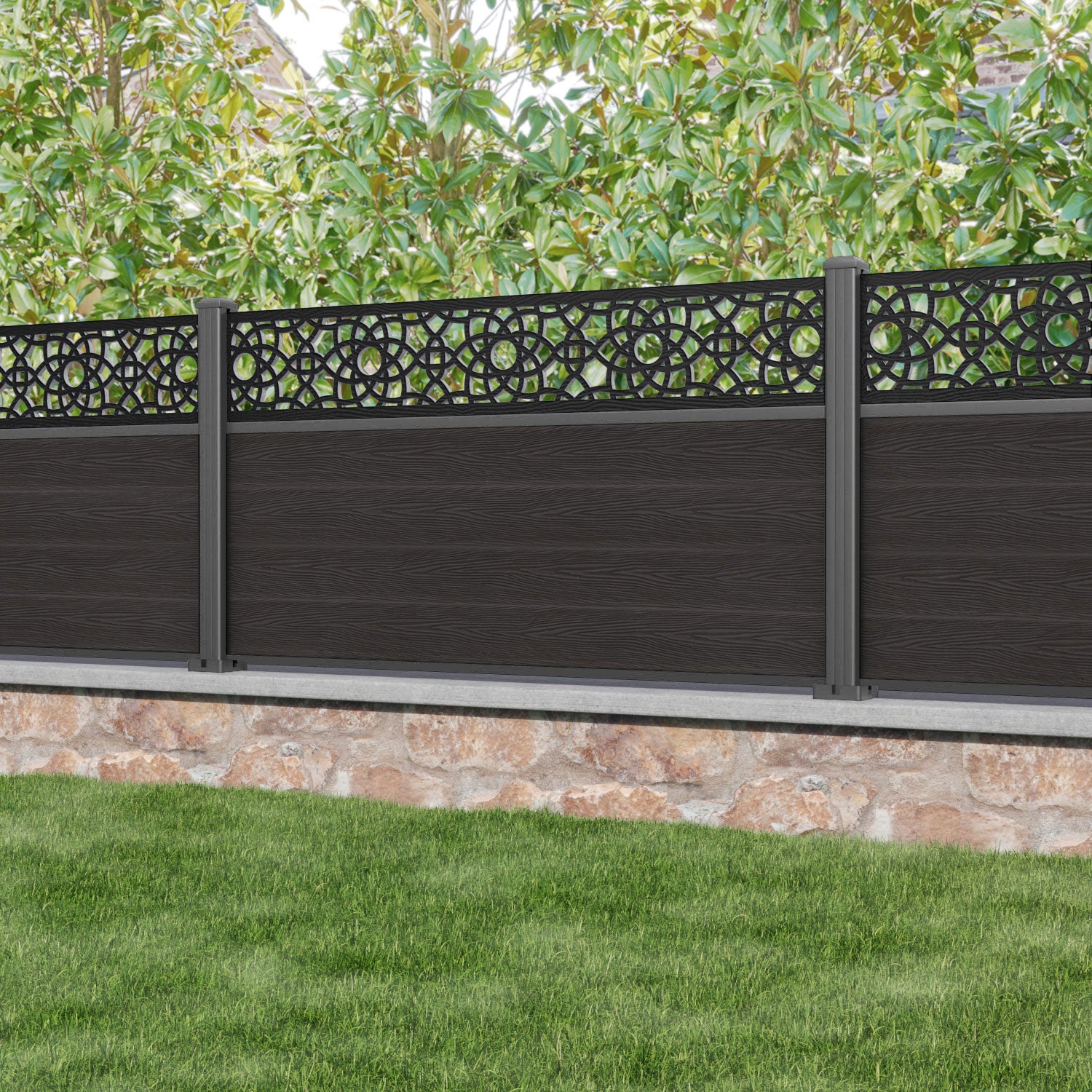 Classic Ambar Fence Panel - Dark Oak - with our aluminium posts