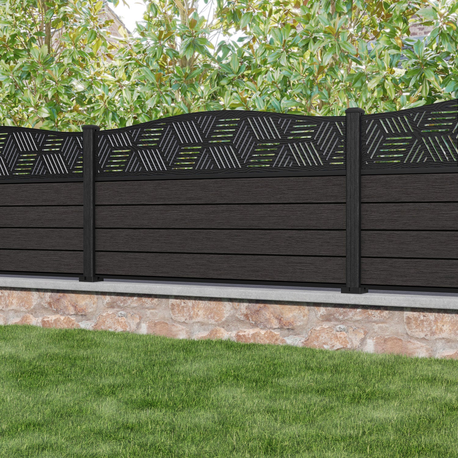 Fusion Cubed Curved Top Fence Panel - Dark Oak - with our composite posts