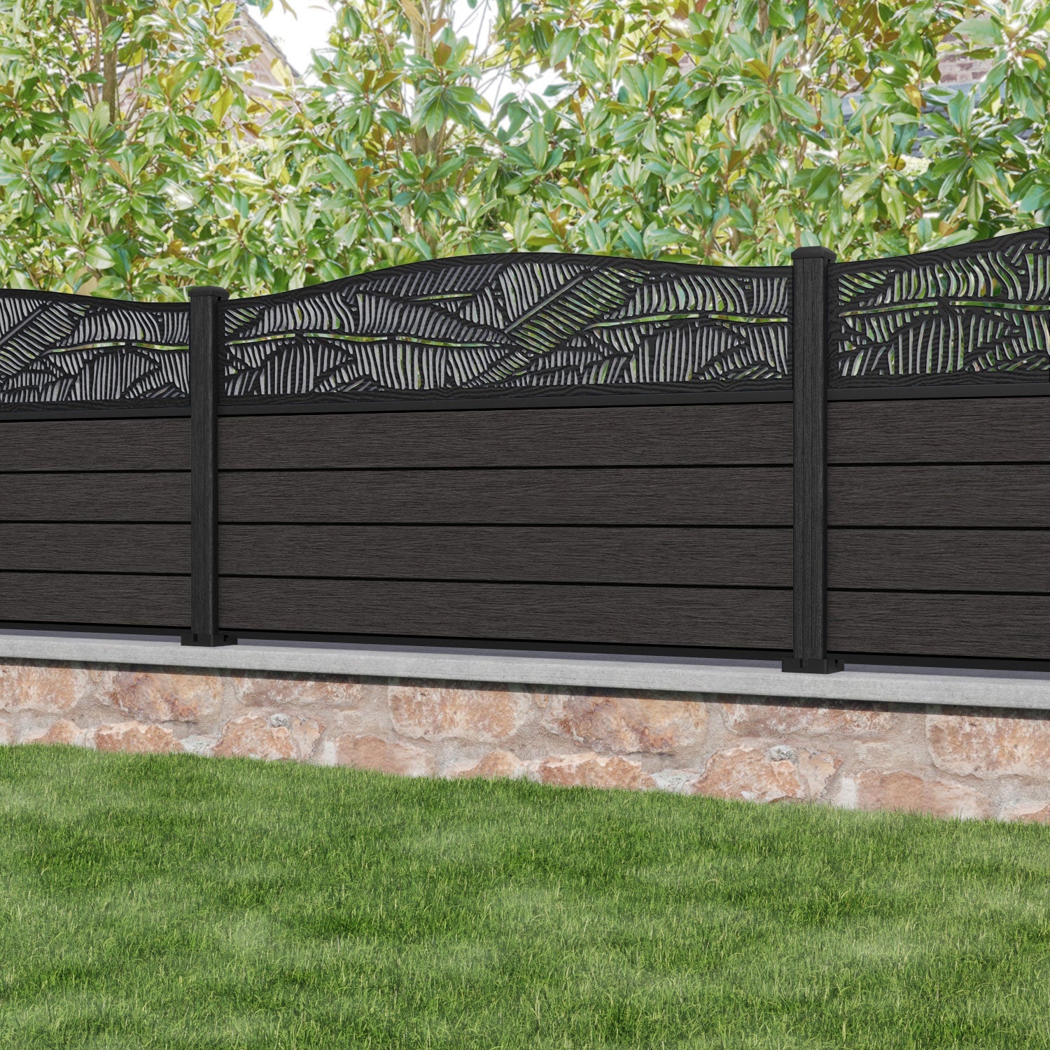 Fusion Feather Curved Top Fence Panel - Dark Oak - with our composite posts