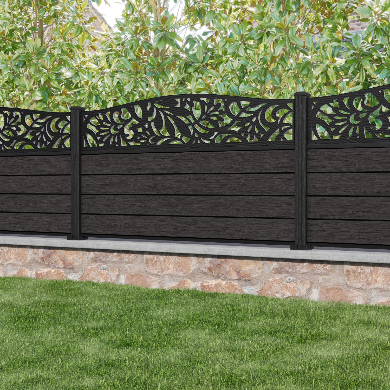 Fusion Heritage Curved Top Fence Panel - Dark Oak - with our composite posts