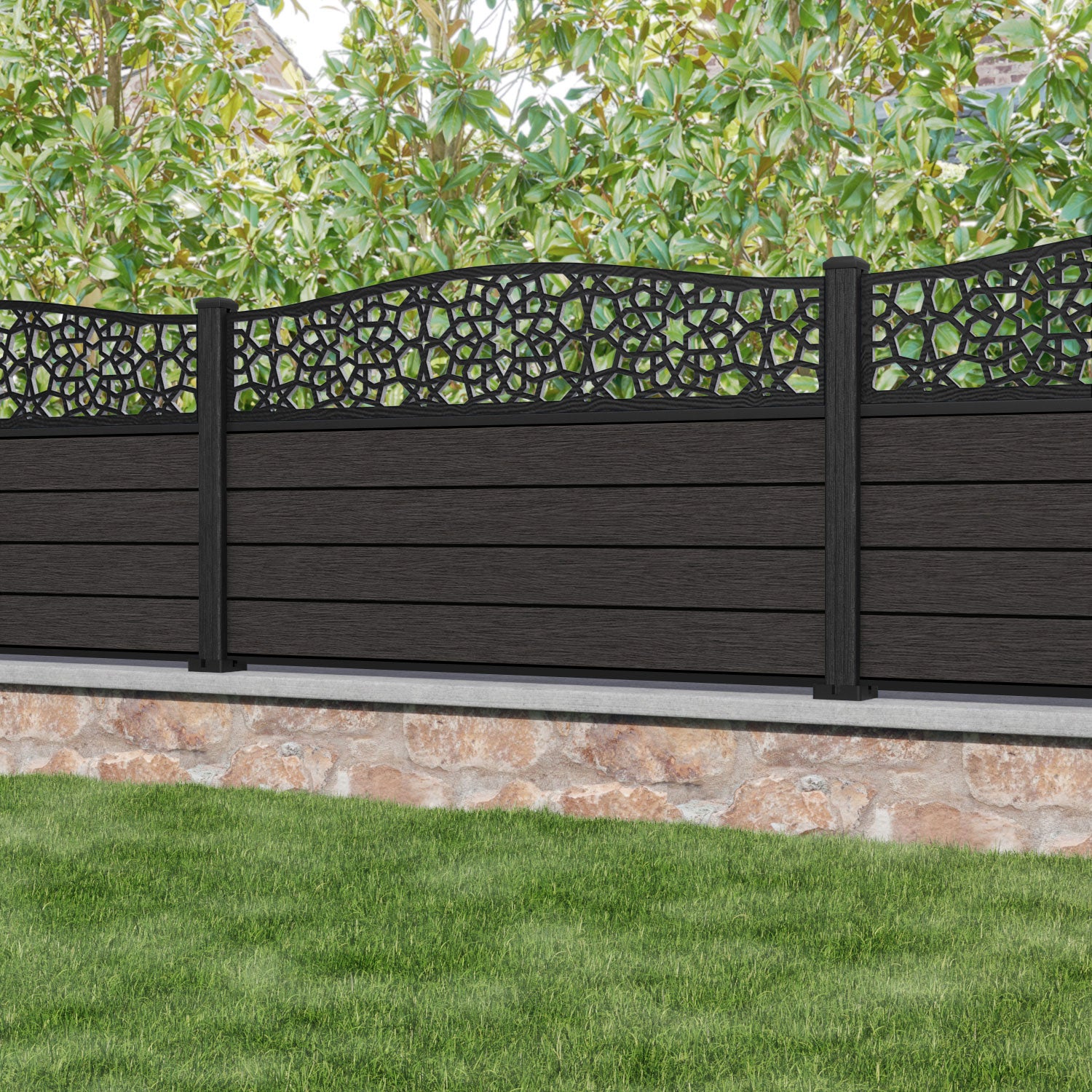 Fusion Nazira Curved Top Fence Panel - Dark Oak - with our composite posts
