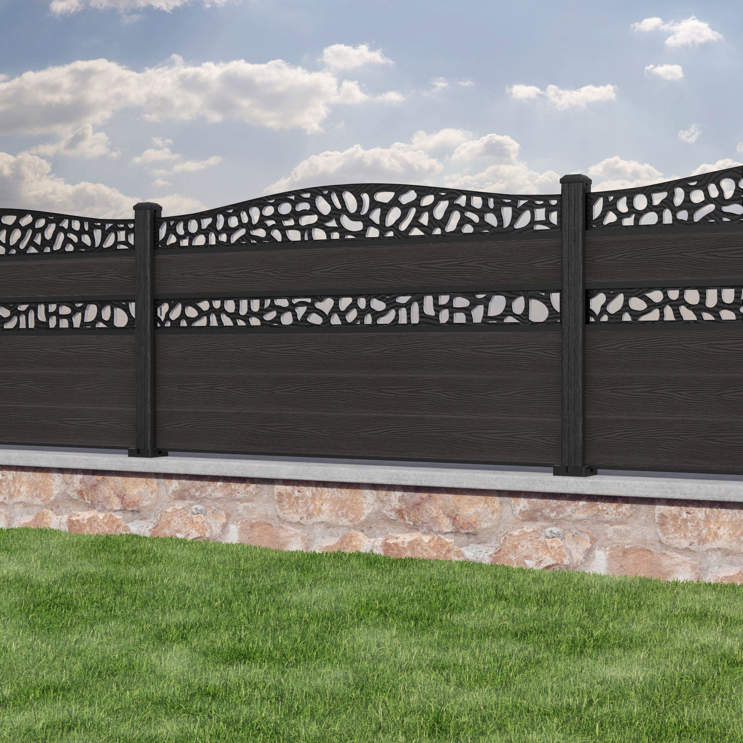 Classic Pebble Curved Top Split Screen Fence Panel - Dark Oak - with our composite posts