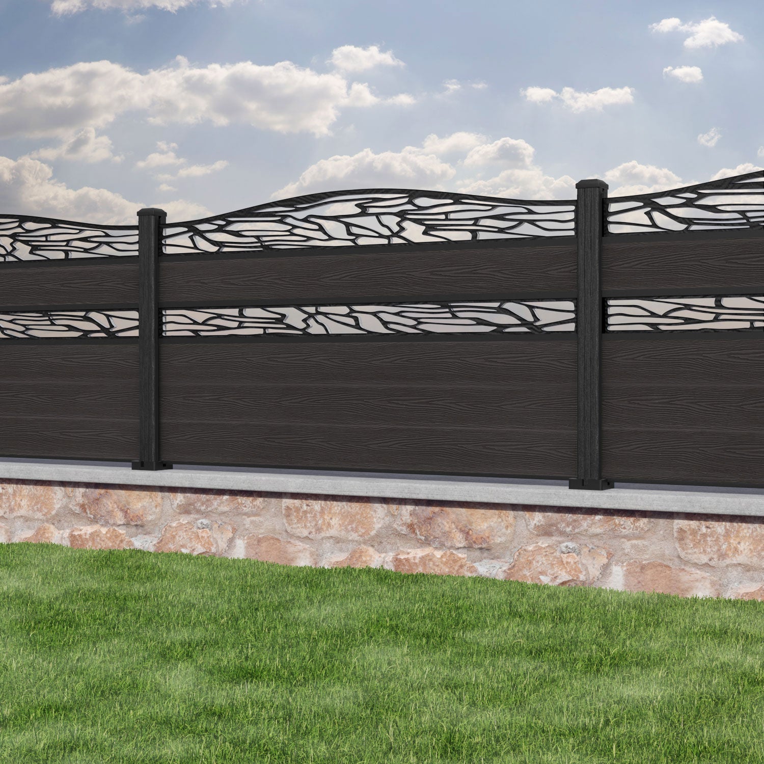 Classic Shatter Curved Top Split Screen Fence Panel - Dark Oak - with our composite posts