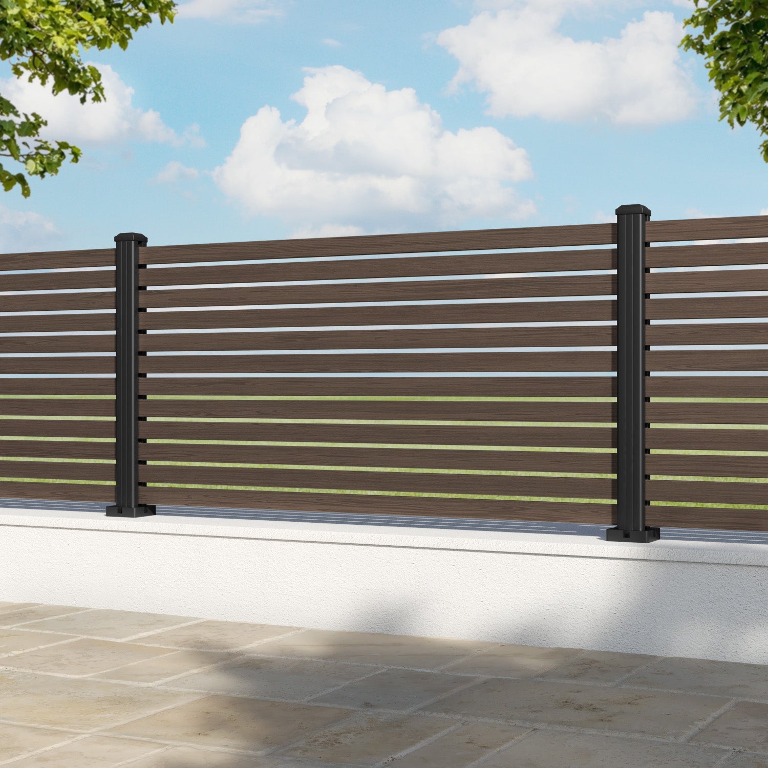 Aria Aluminium Fence Panel - Dark Oak - with our aluminium posts