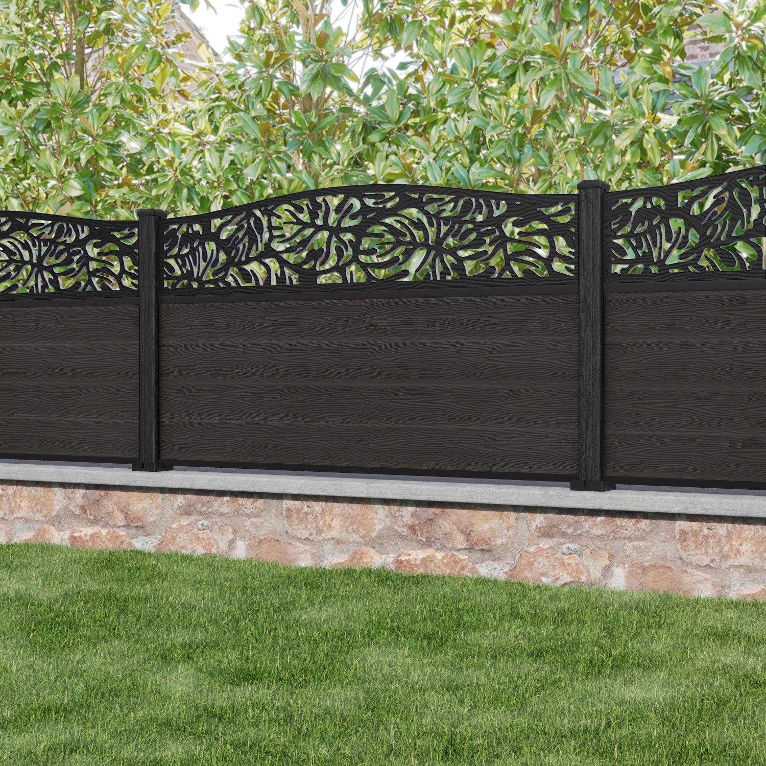 Classic Botanic Curved Top Fence Panel - Dark Oak - with our composite posts