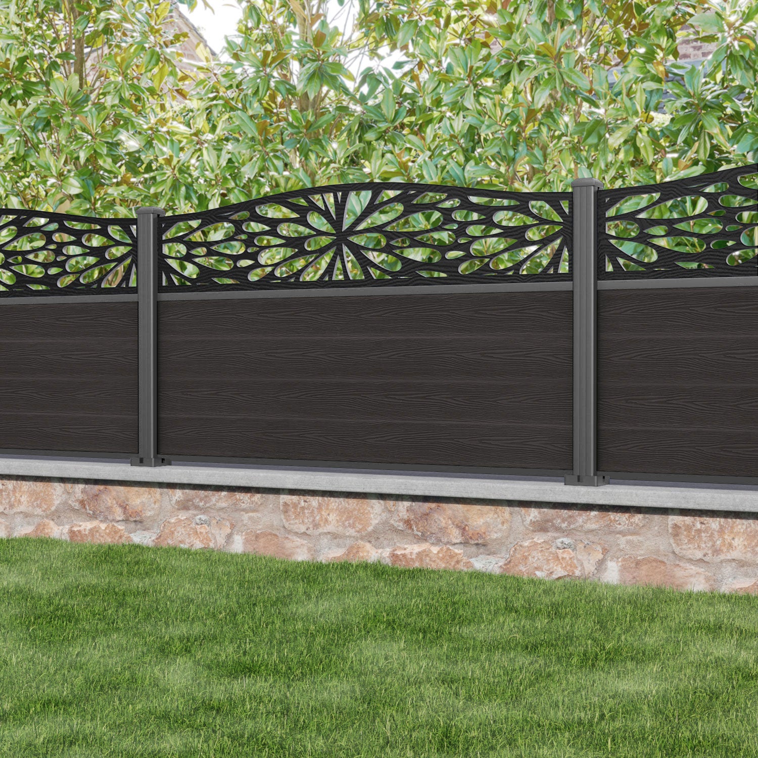 Classic Blossom Curved Top Fence Panel - Dark Oak - with our aluminium posts
