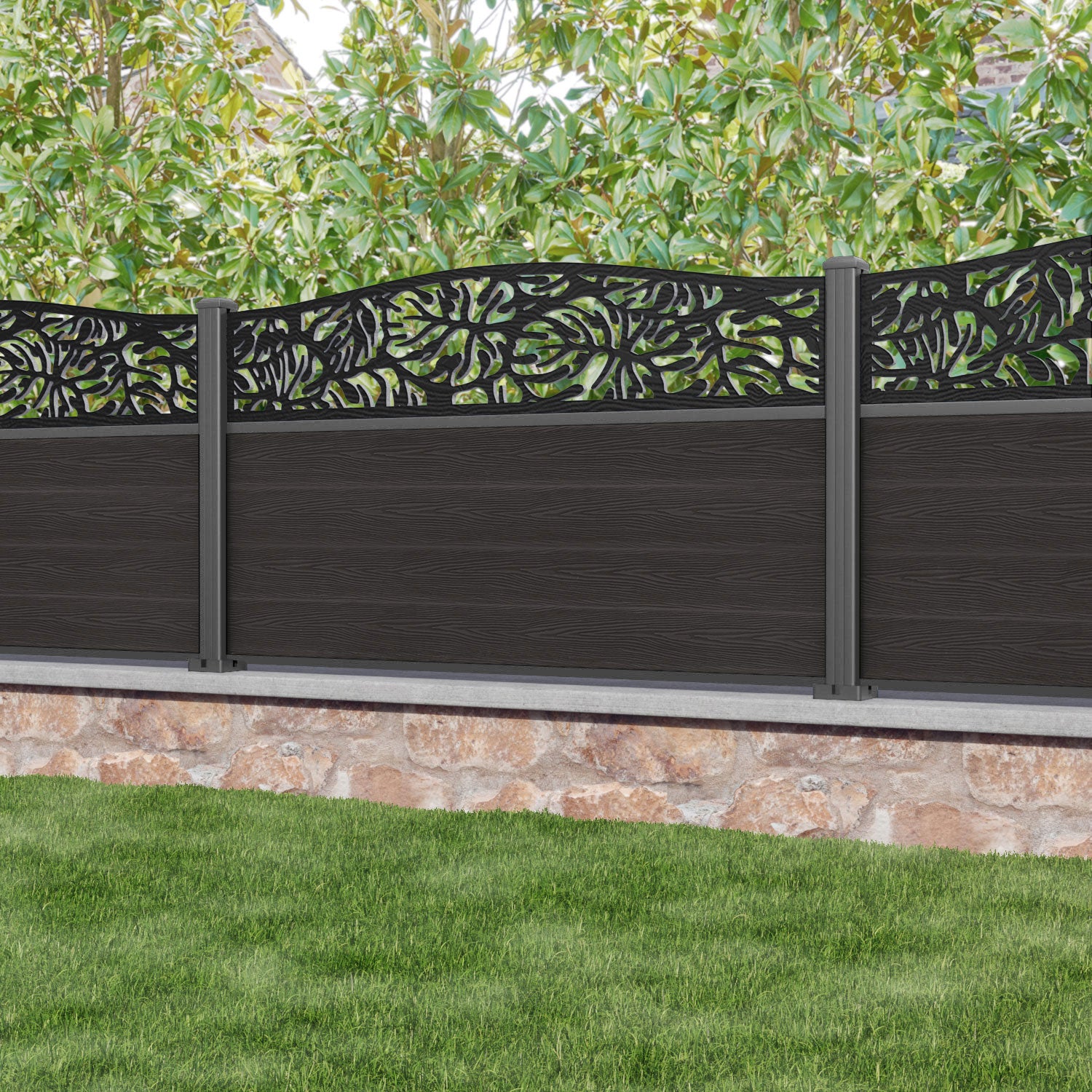 Classic Botanic Curved Top Fence Panel - Dark Oak - with our aluminium posts