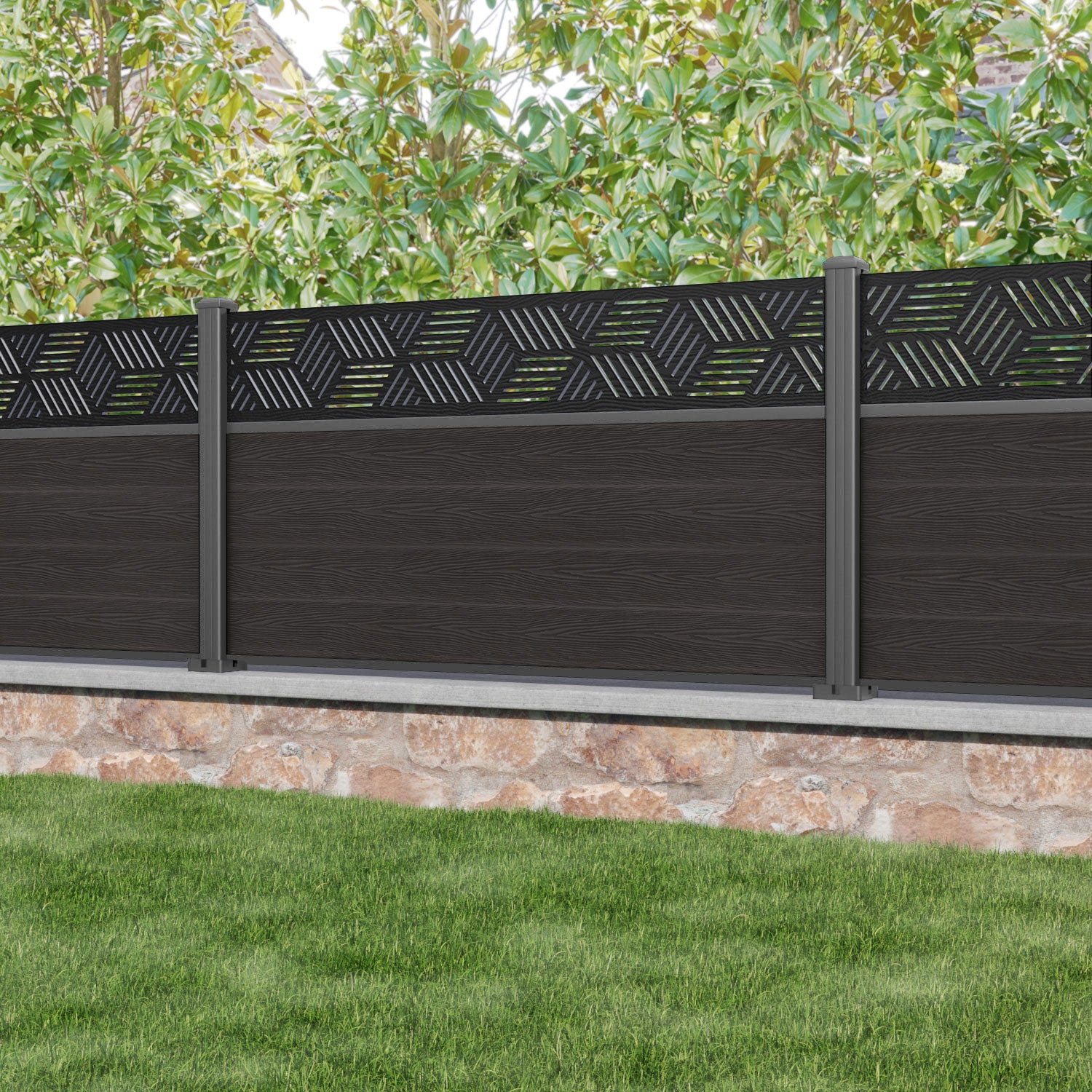 Classic Cubed Fence Panel - Dark Oak - with our aluminium posts