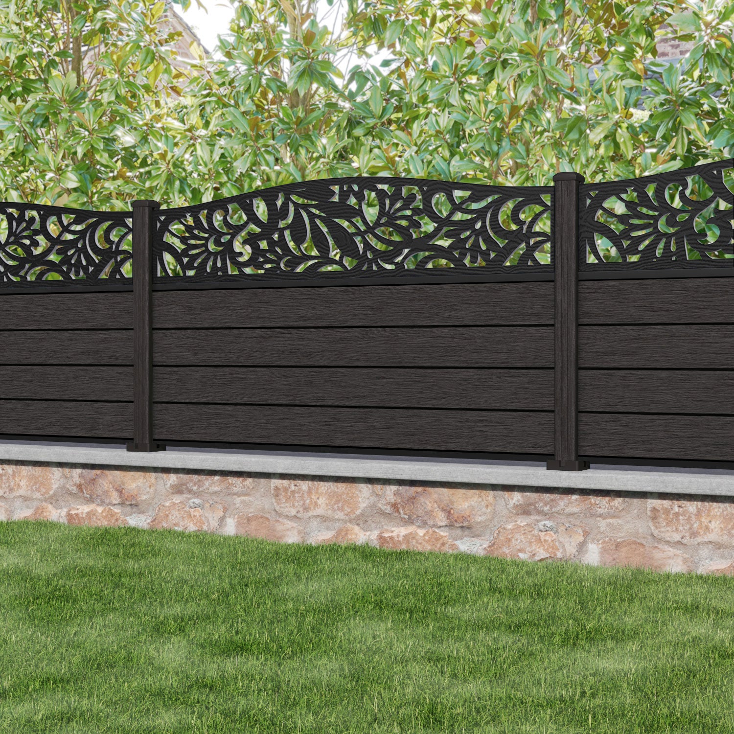 Fusion Heritage Curved Top Fence Panel - Dark Oak - with our composite posts