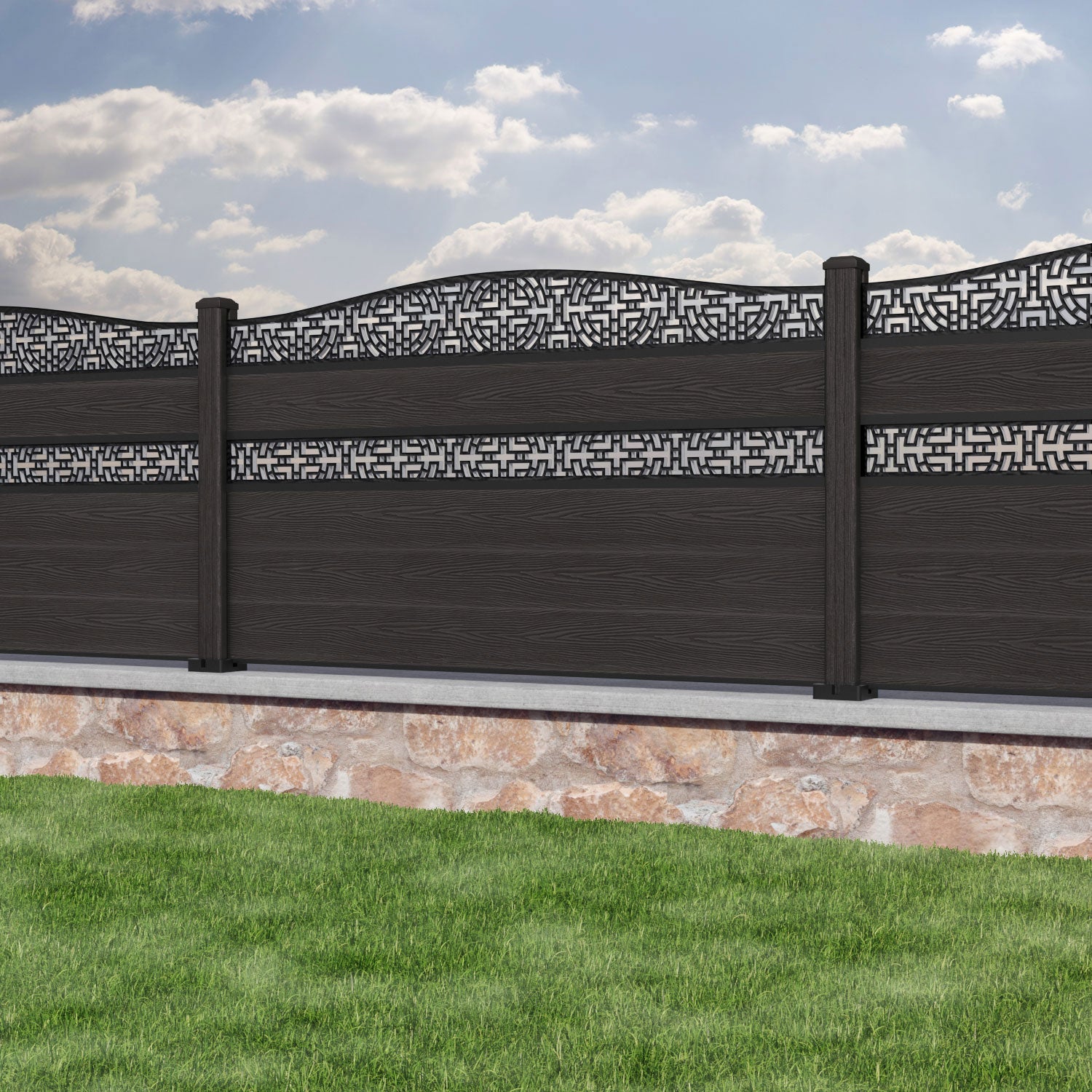 Classic Kumo Curved Top Split Screen Fence Panel - Dark Oak - with our composite posts
