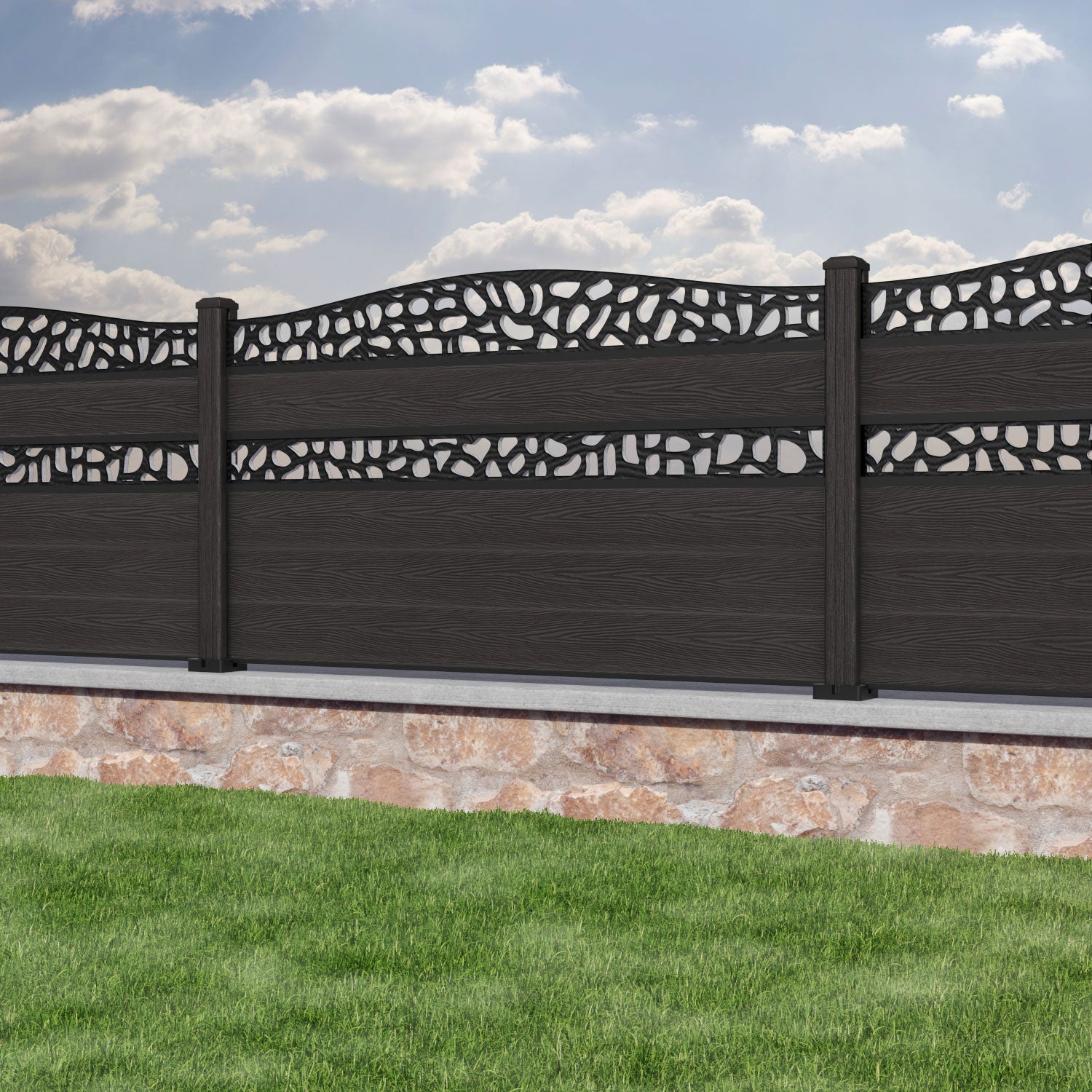 Classic Pebble Curved Top Split Screen Fence Panel - Dark Oak - with our composite posts