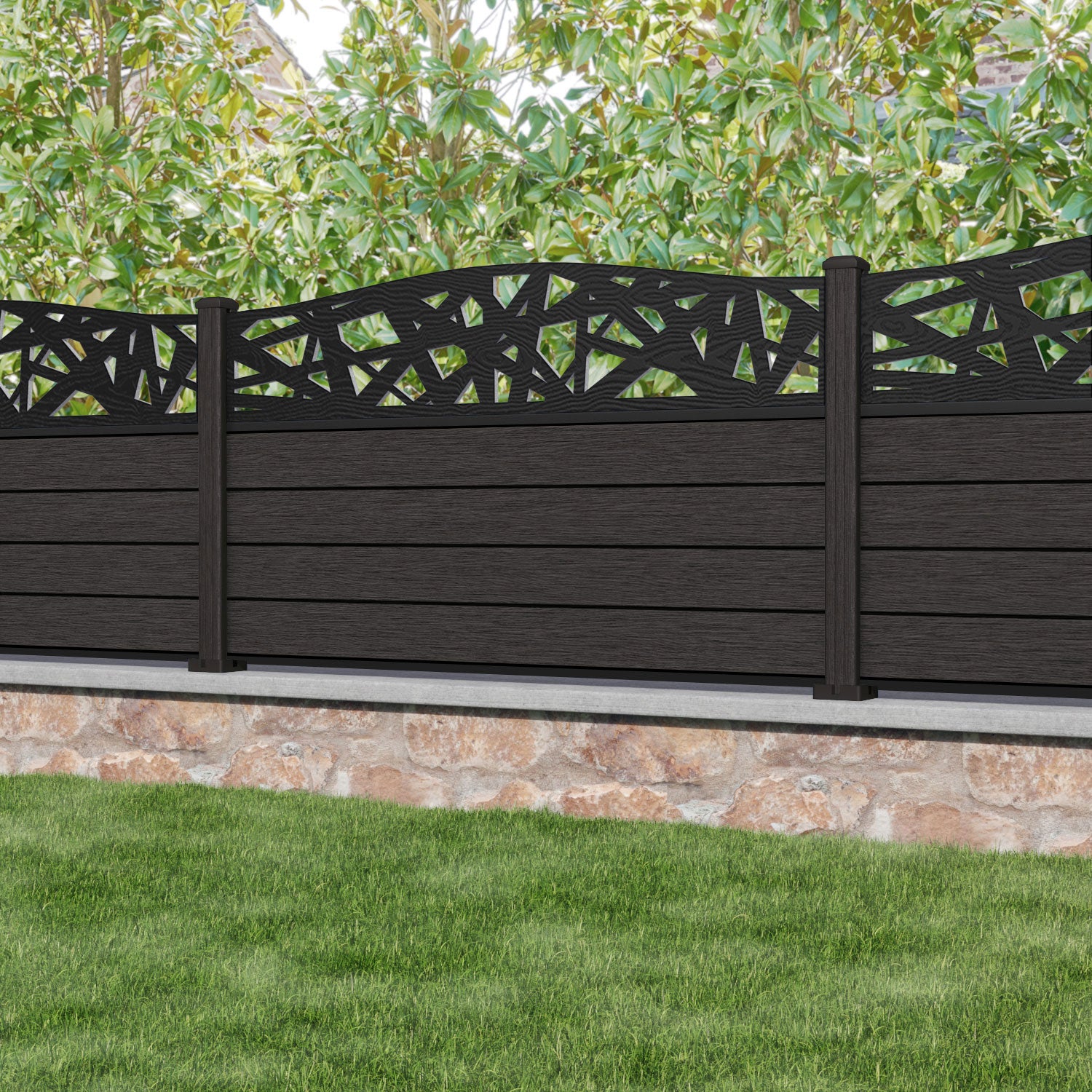 Fusion Prism Curved Top Fence Panel - Dark Oak - with our composite posts
