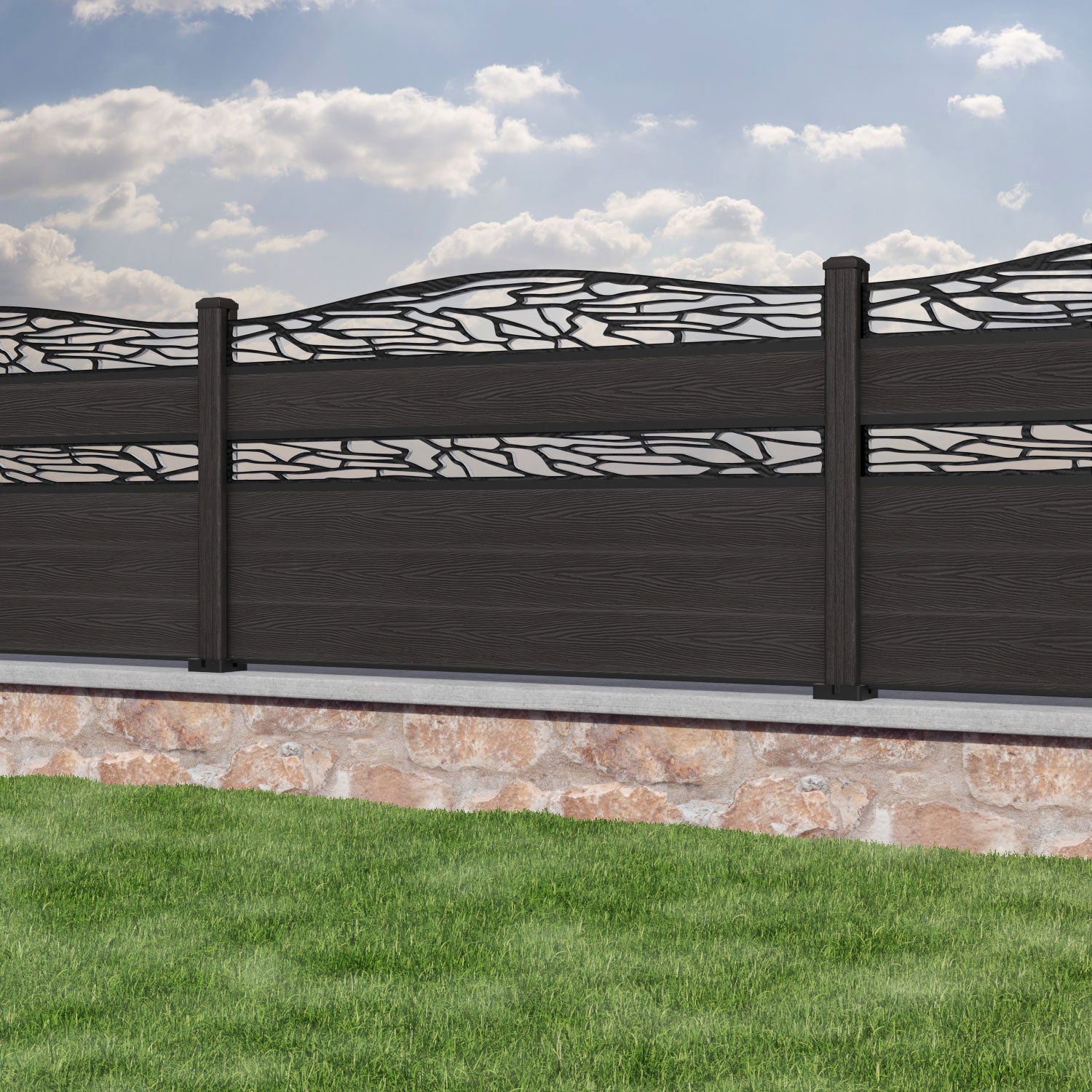 Classic Shatter Curved Top Split Screen Fence Panel - Dark Oak - with our composite posts