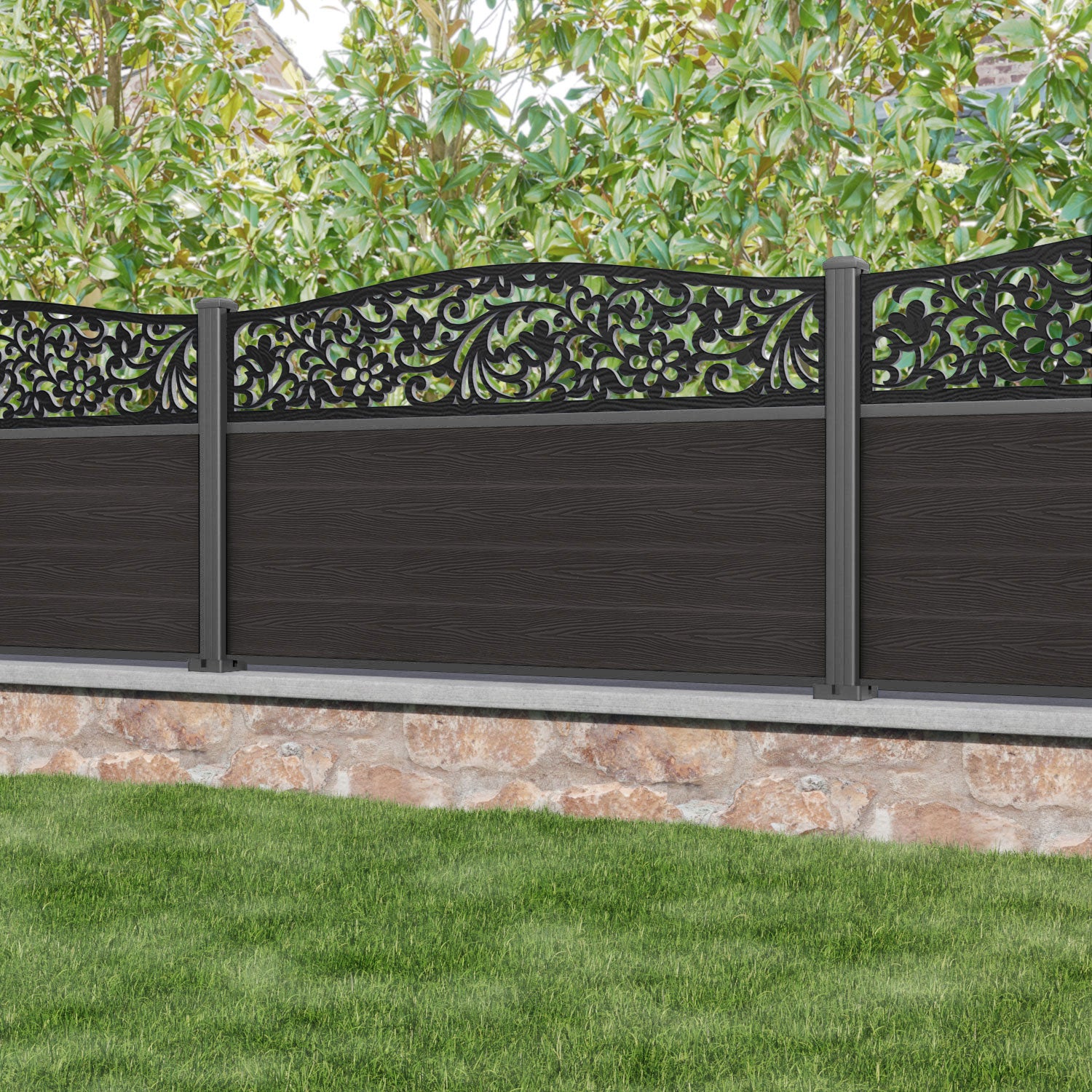 Classic Eden Curved Top Fence Panel - Dark Oak - with our aluminium posts