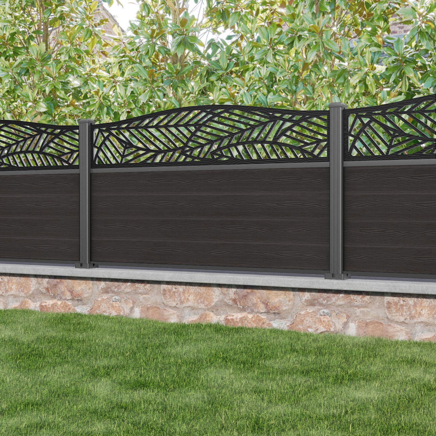 Classic Habitat Curved Top Fence Panel - Dark Oak - with our aluminium posts